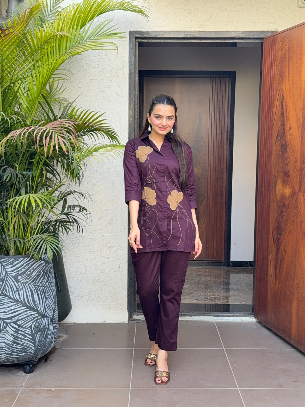 Burgundy Wine Flora Applique Giza Silk Coord Set