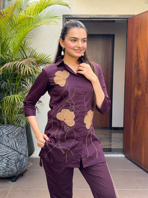 Burgundy Wine Flora Applique Giza Silk Coord Set