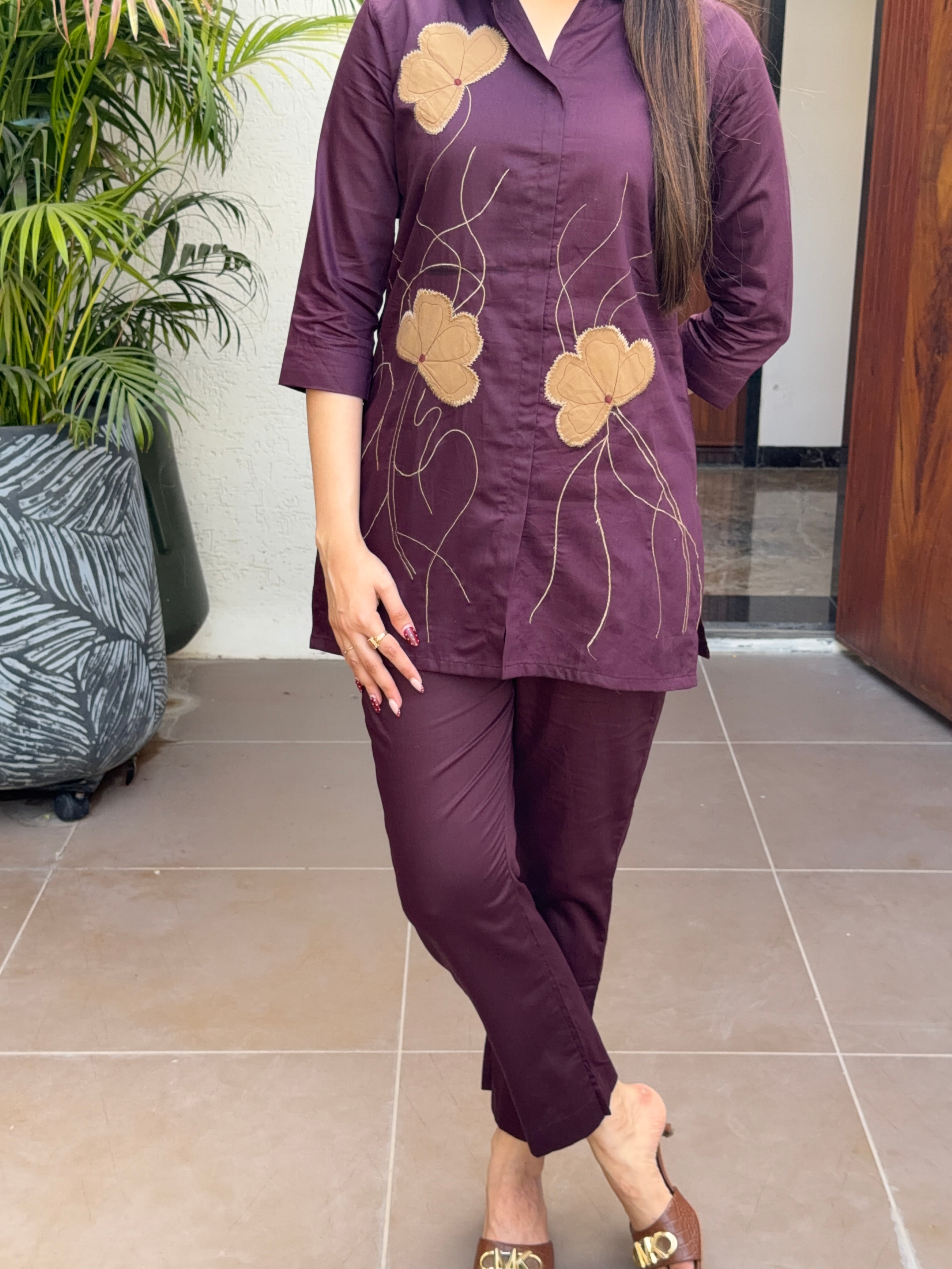 Burgundy Wine Flora Applique Giza Silk Coord Set