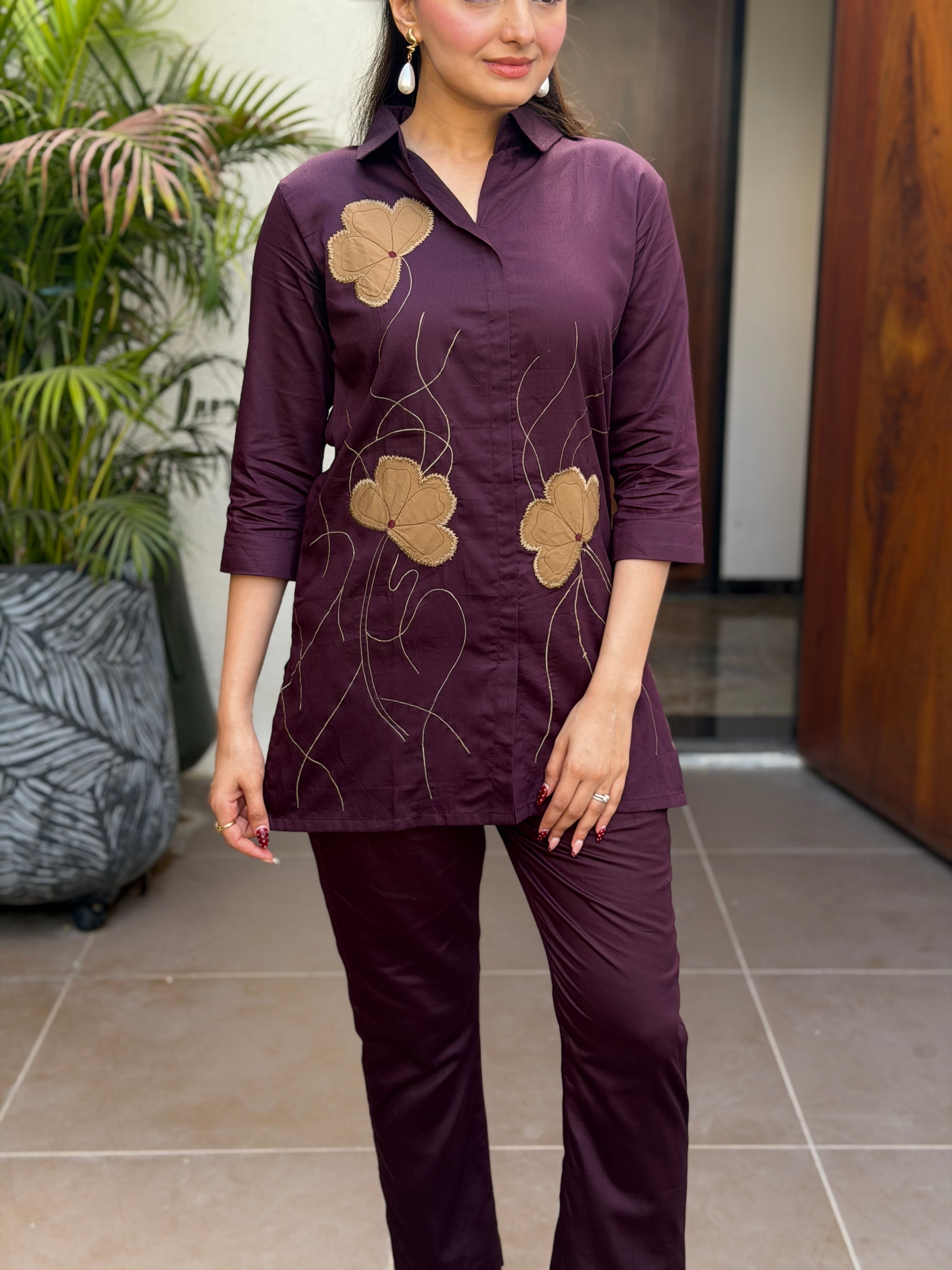 Burgundy Wine Flora Applique Giza Silk Coord Set