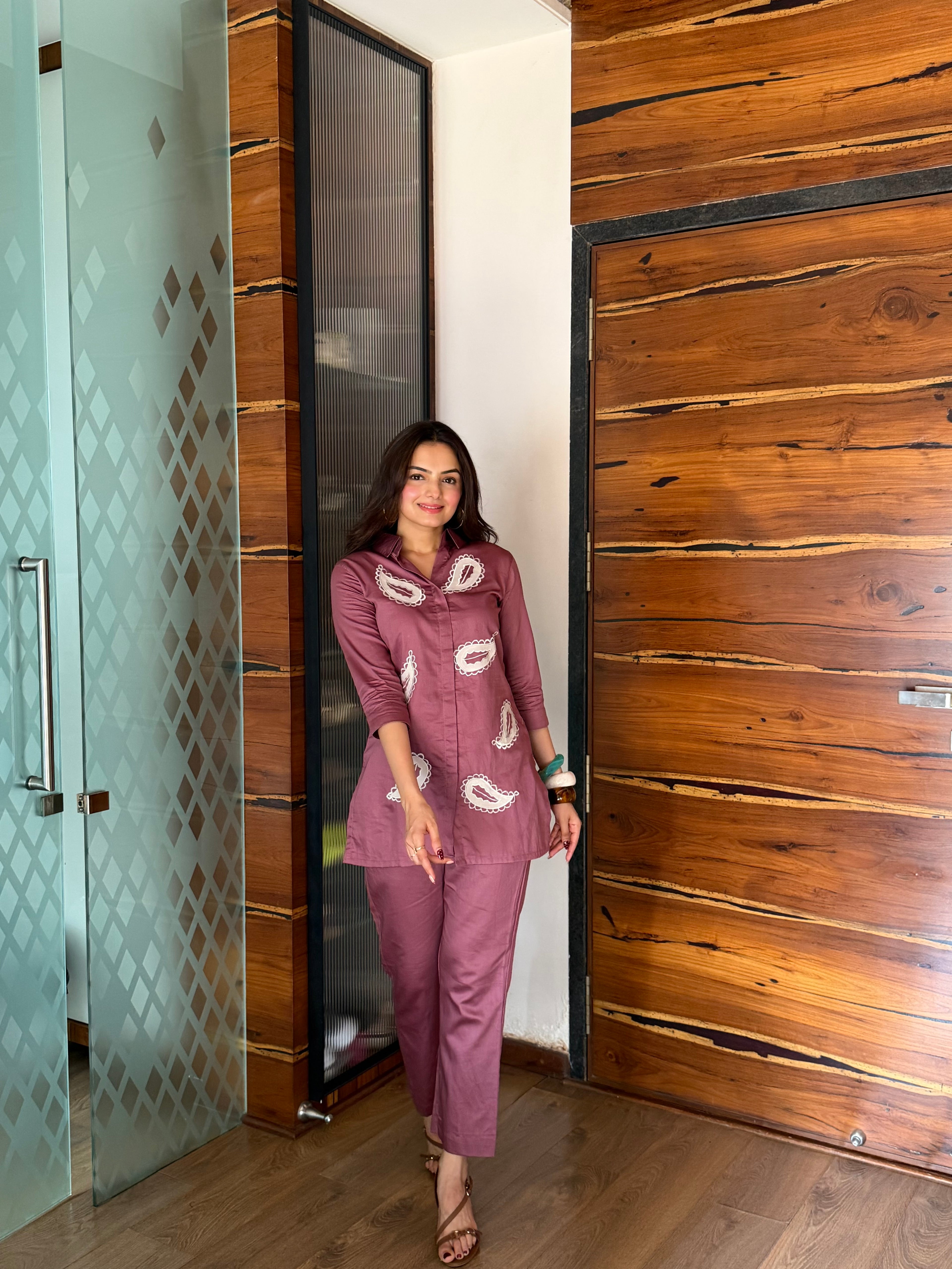Blush Peach Keri Applique Giza Silk Coord Set