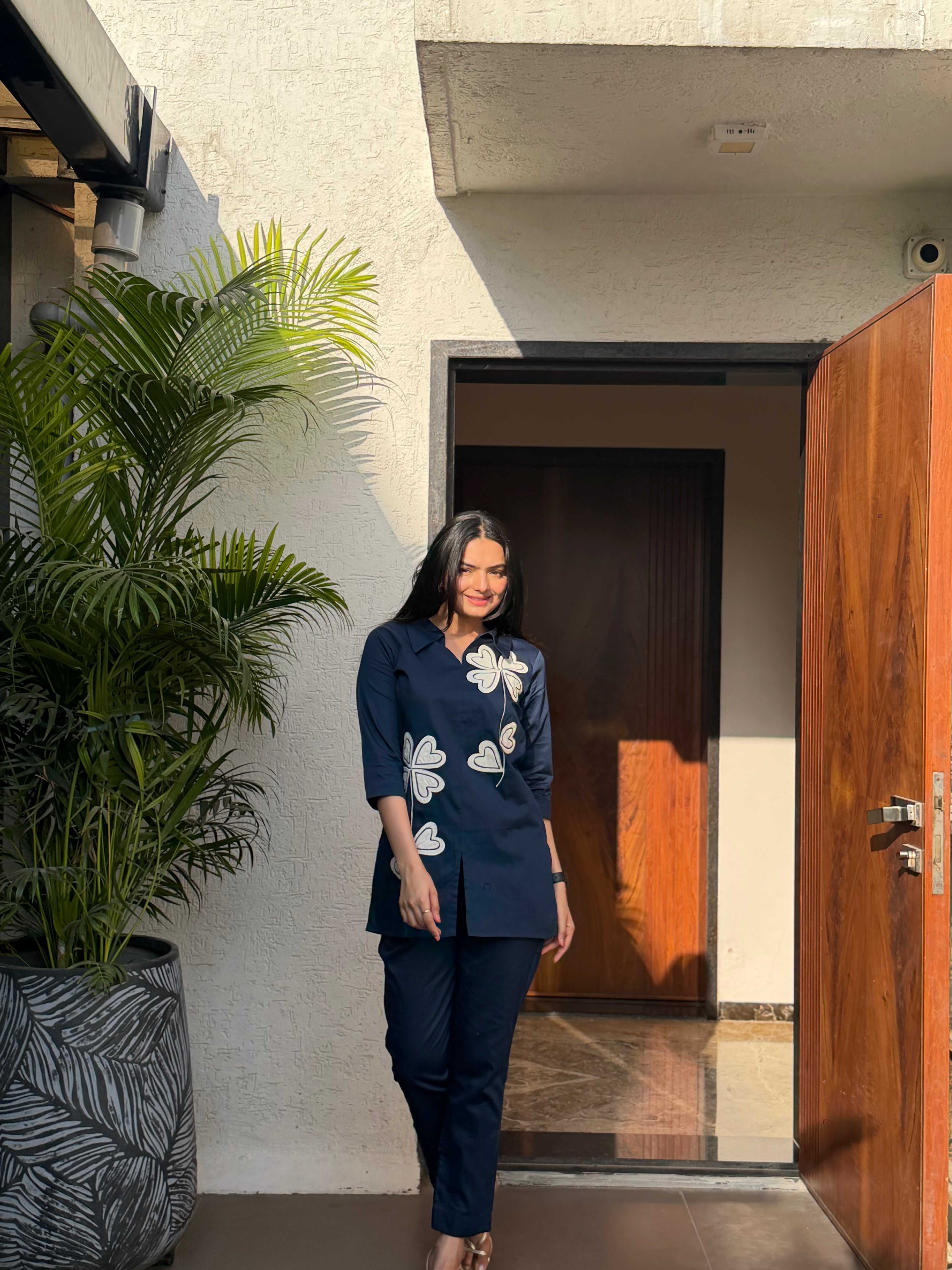 Petrol Blue Applique Giza Silk Coord Set