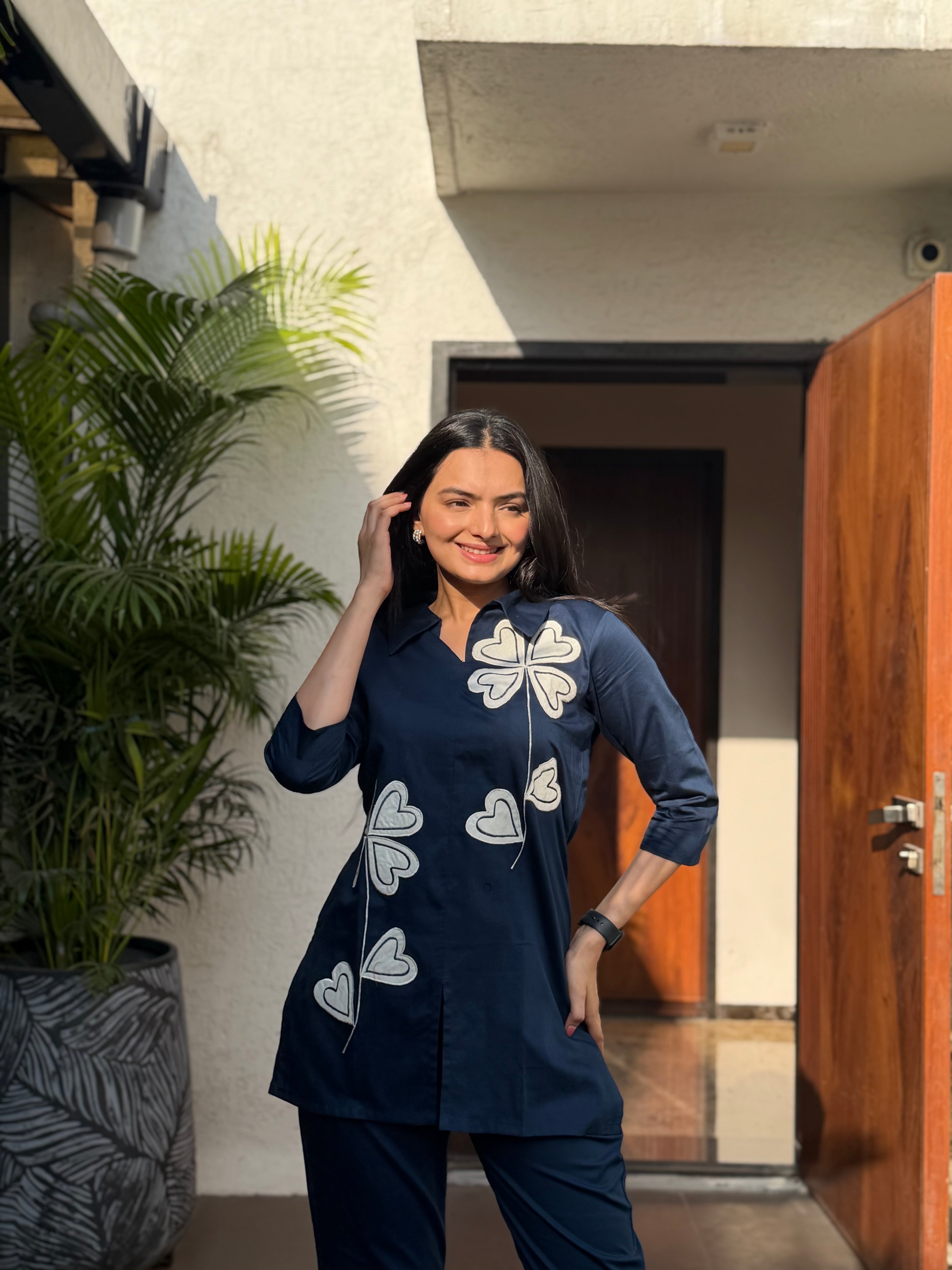 Petrol Blue Applique Giza Silk Coord Set