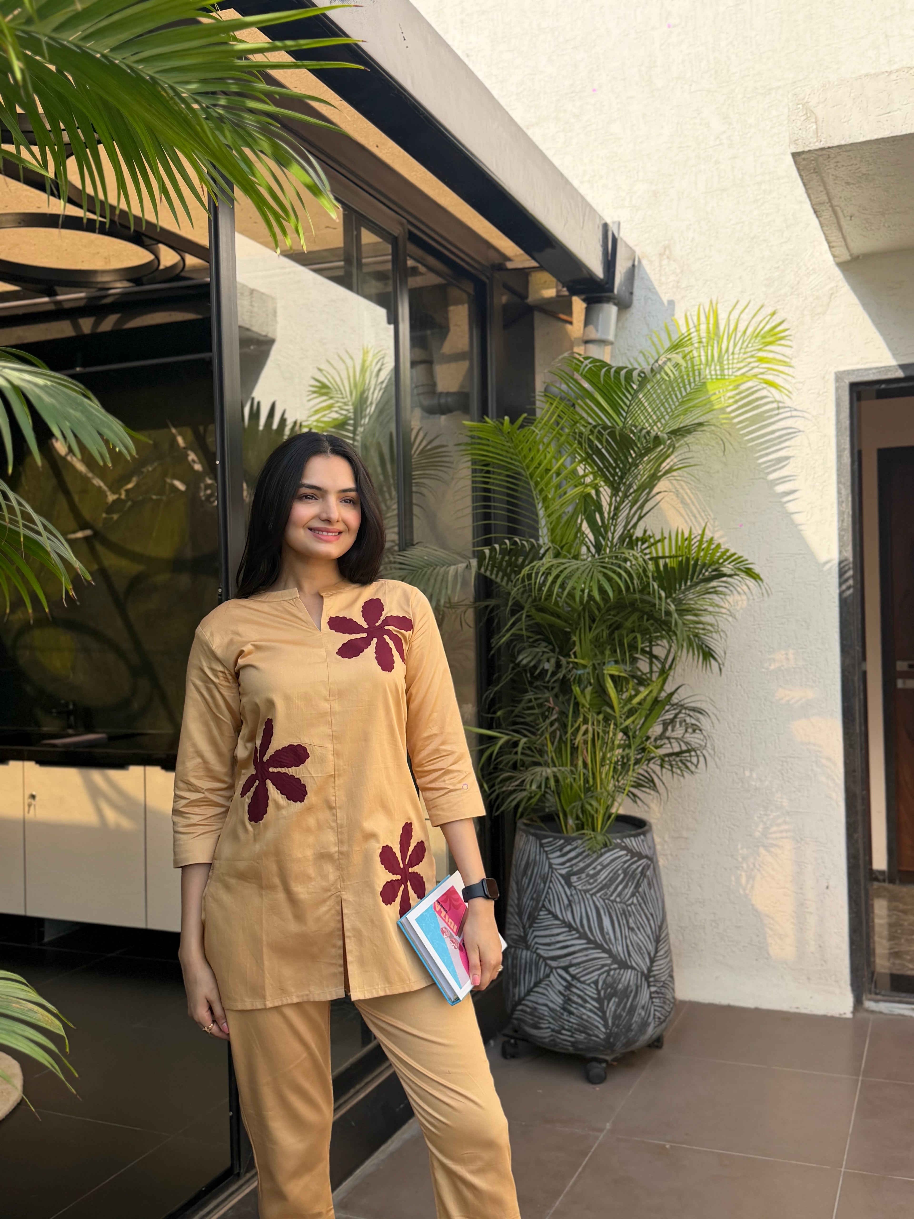 Desert Golden Applique Design Giza Silk Coord Set