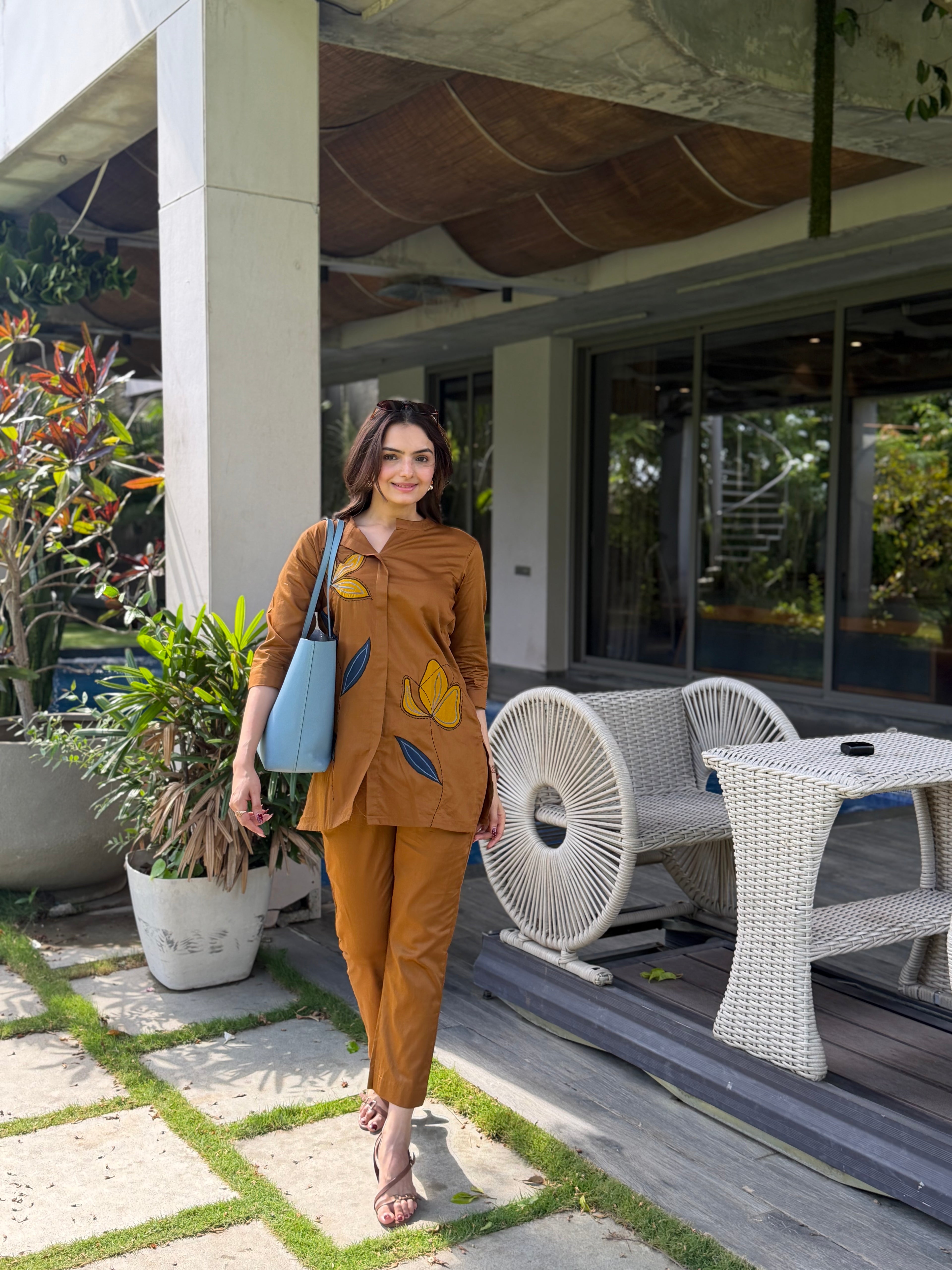Dune Brown Leaf Applique Giza Silk Coord Set