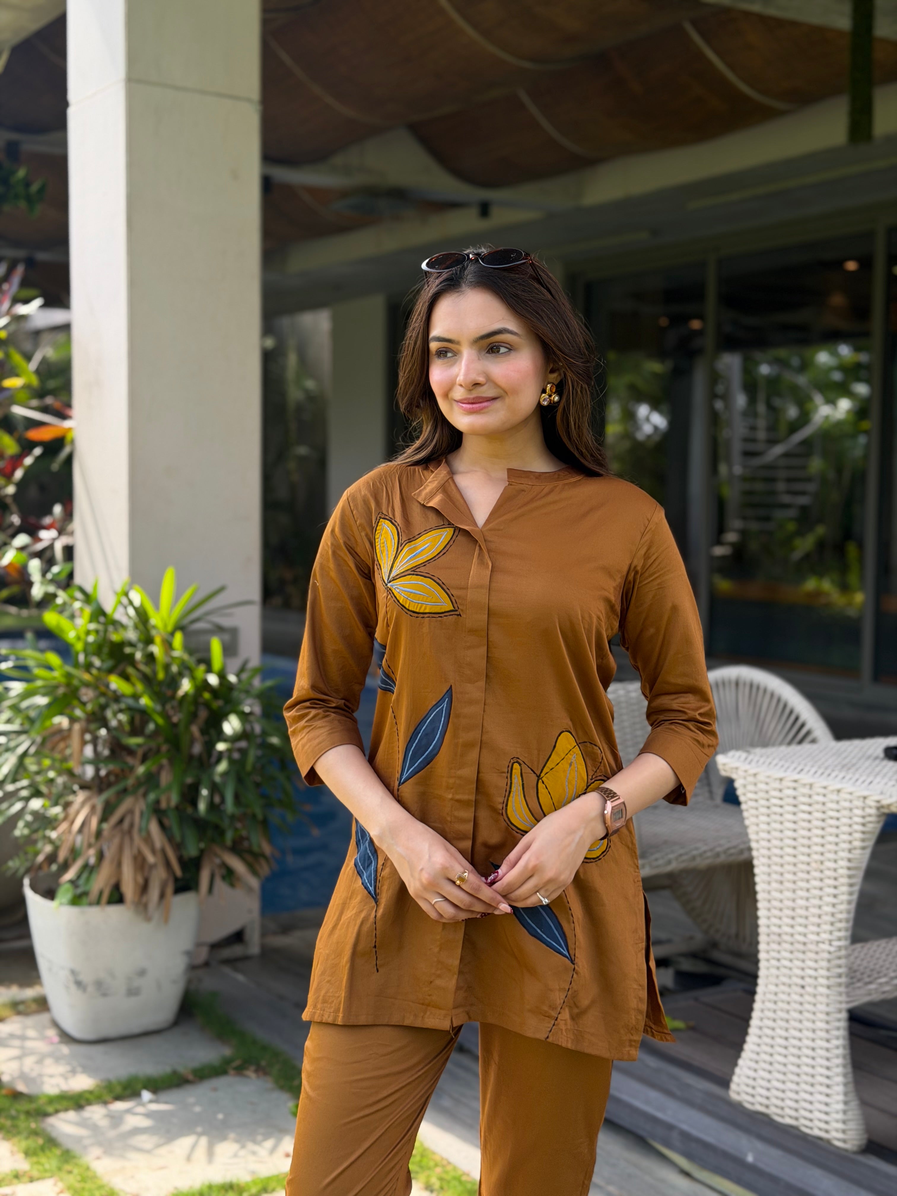 Dune Brown Leaf Applique Giza Silk Coord Set
