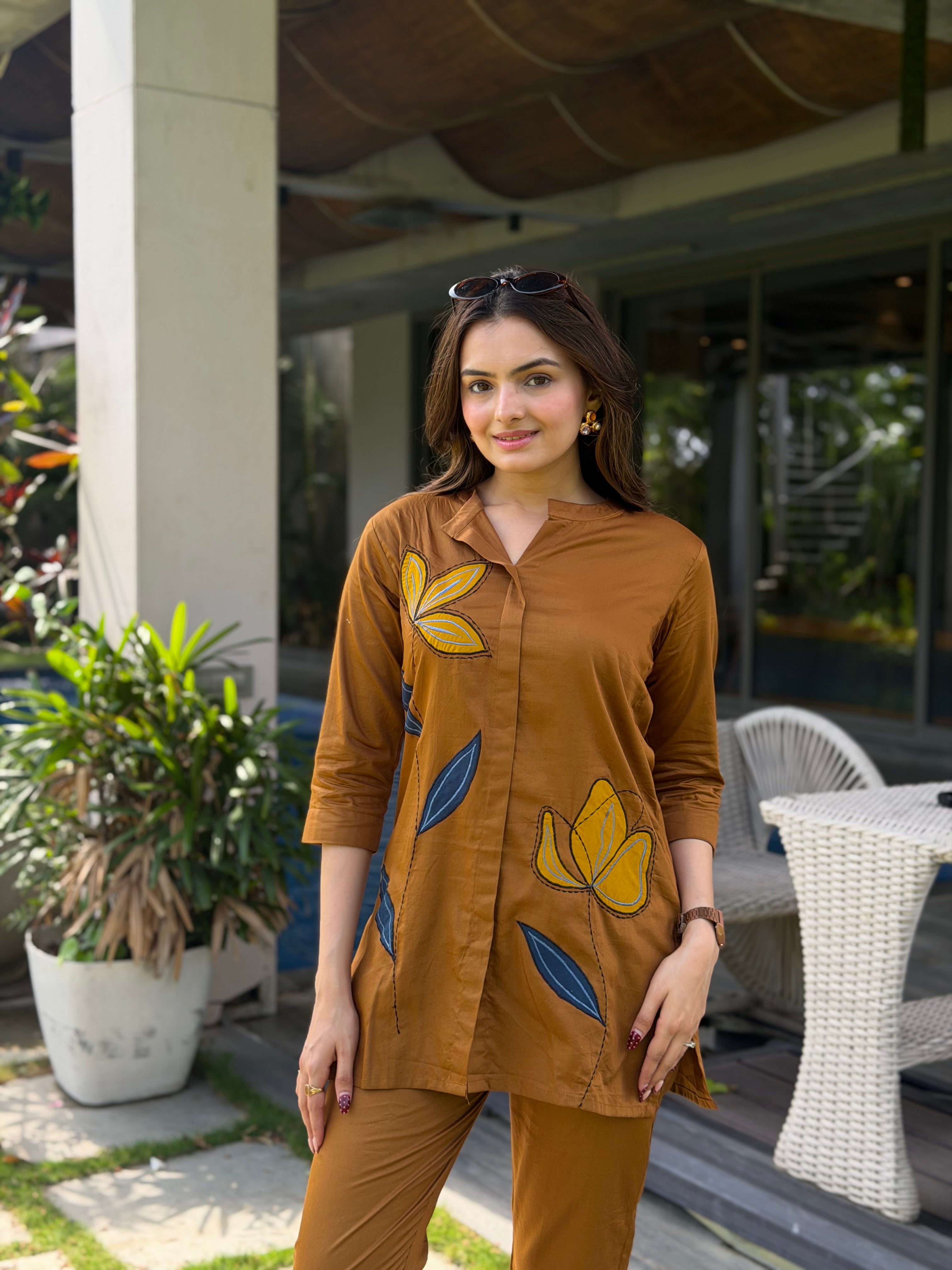Dune Brown Leaf Applique Giza Silk Coord Set