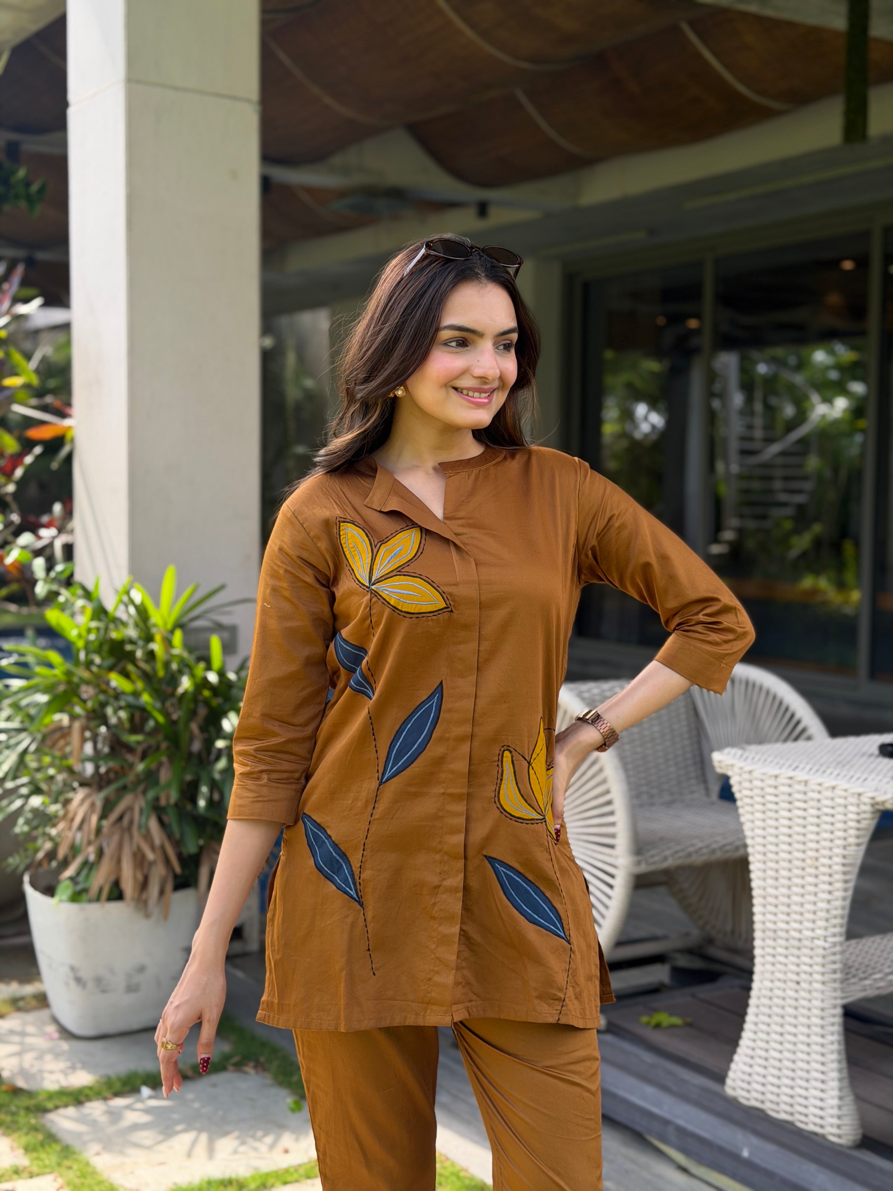 Dune Brown Leaf Applique Giza Silk Coord Set