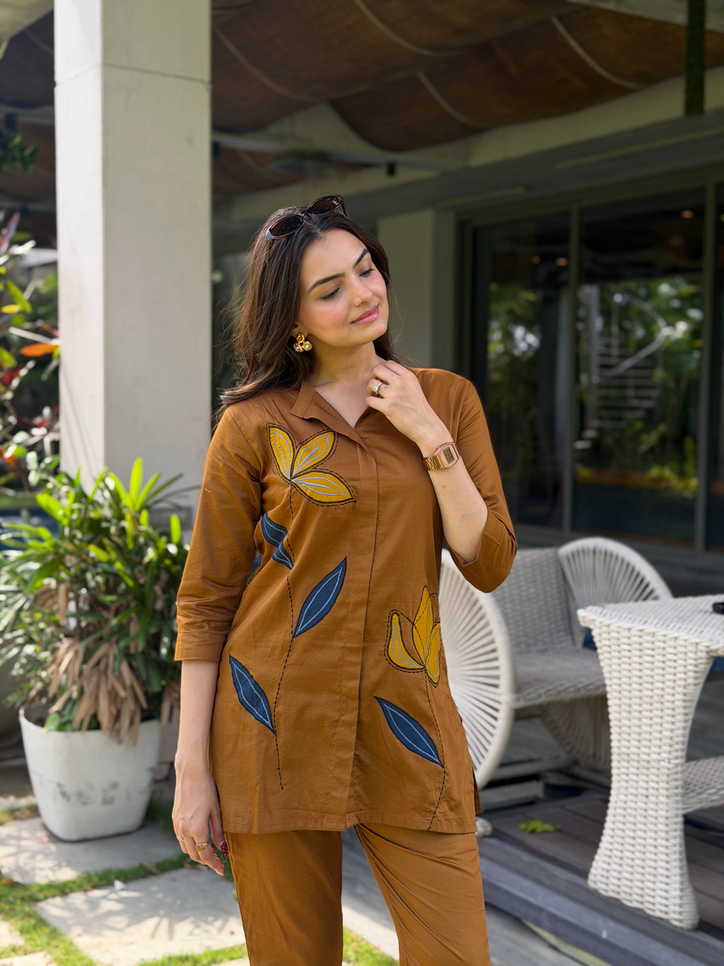 Dune Brown Leaf Applique Giza Silk Coord Set