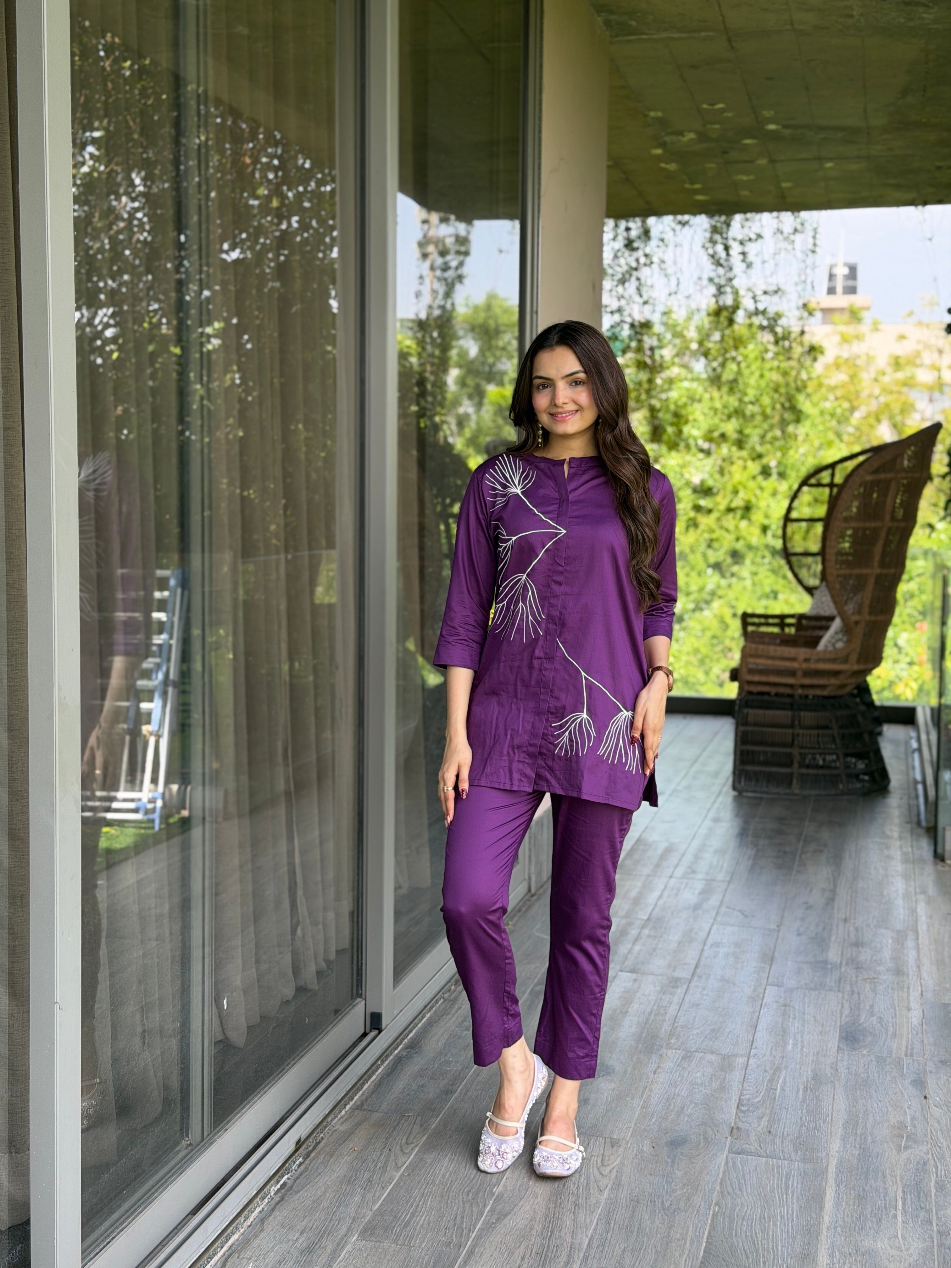 Amethyst Purple Thread Work Giza Silk Coord Set