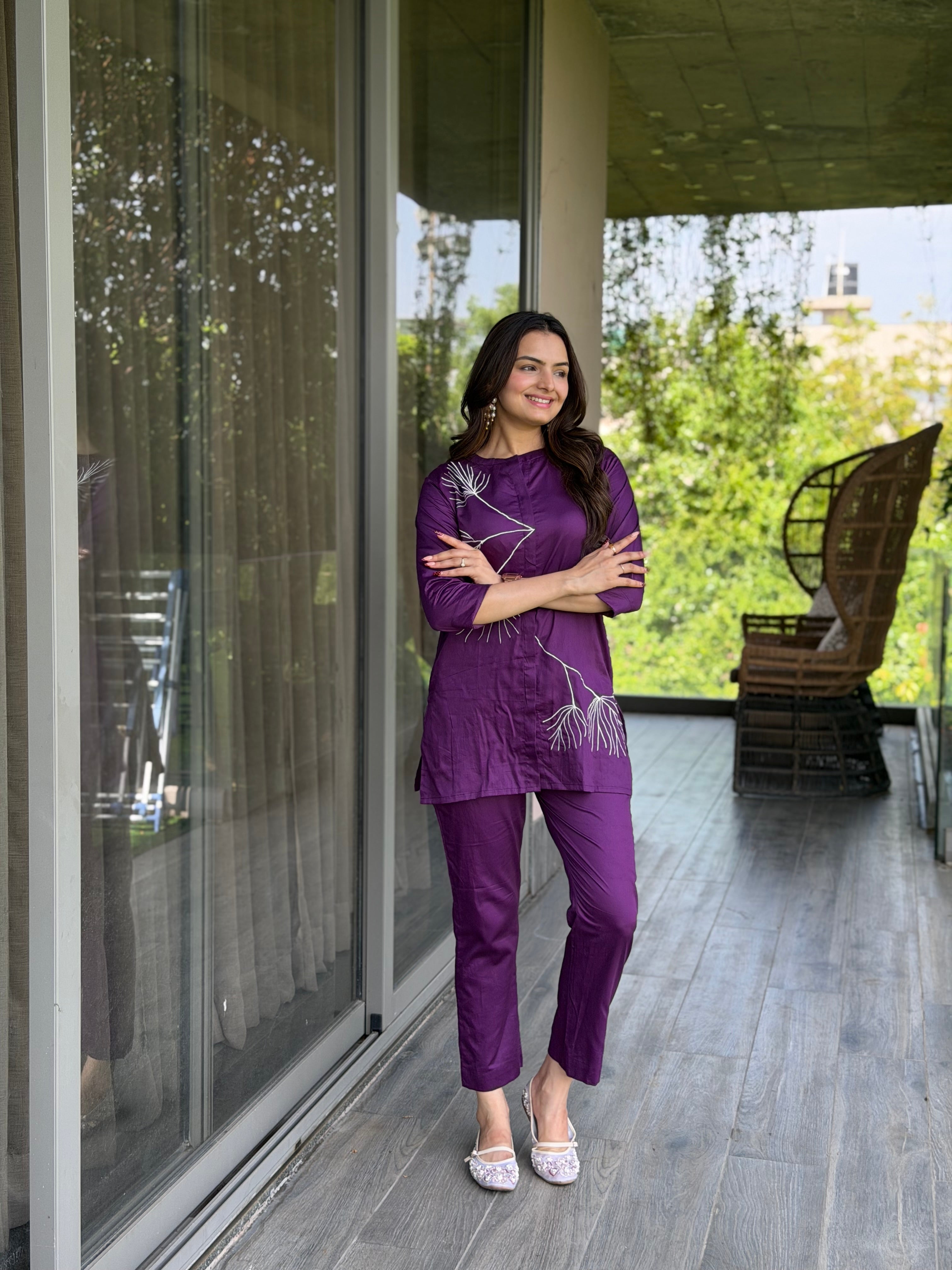 Amethyst Purple Thread Work Giza Silk Coord Set
