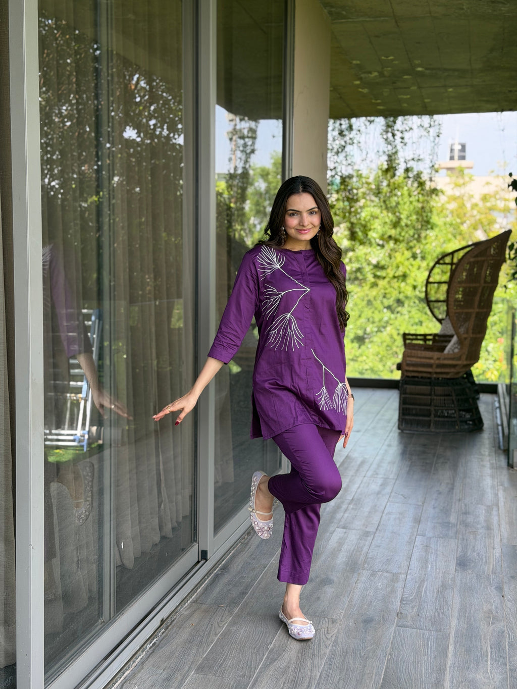 Amethyst Purple Thread Work Giza Silk Coord Set