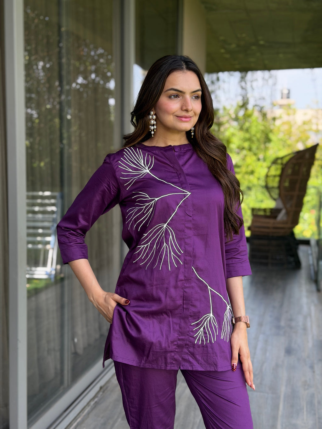 Amethyst Purple Thread Work Giza Silk Coord Set