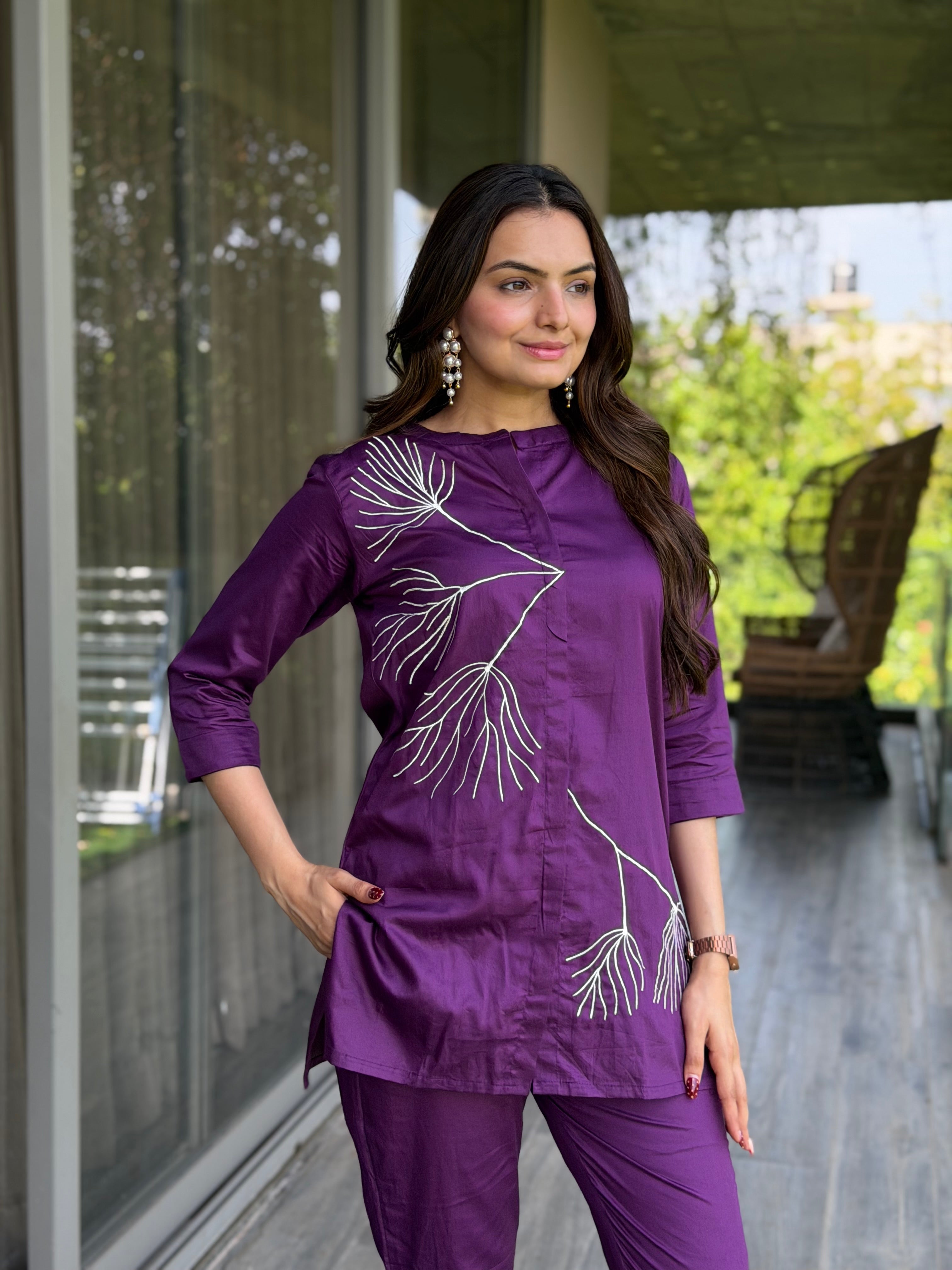 Amethyst Purple Thread Work Giza Silk Coord Set