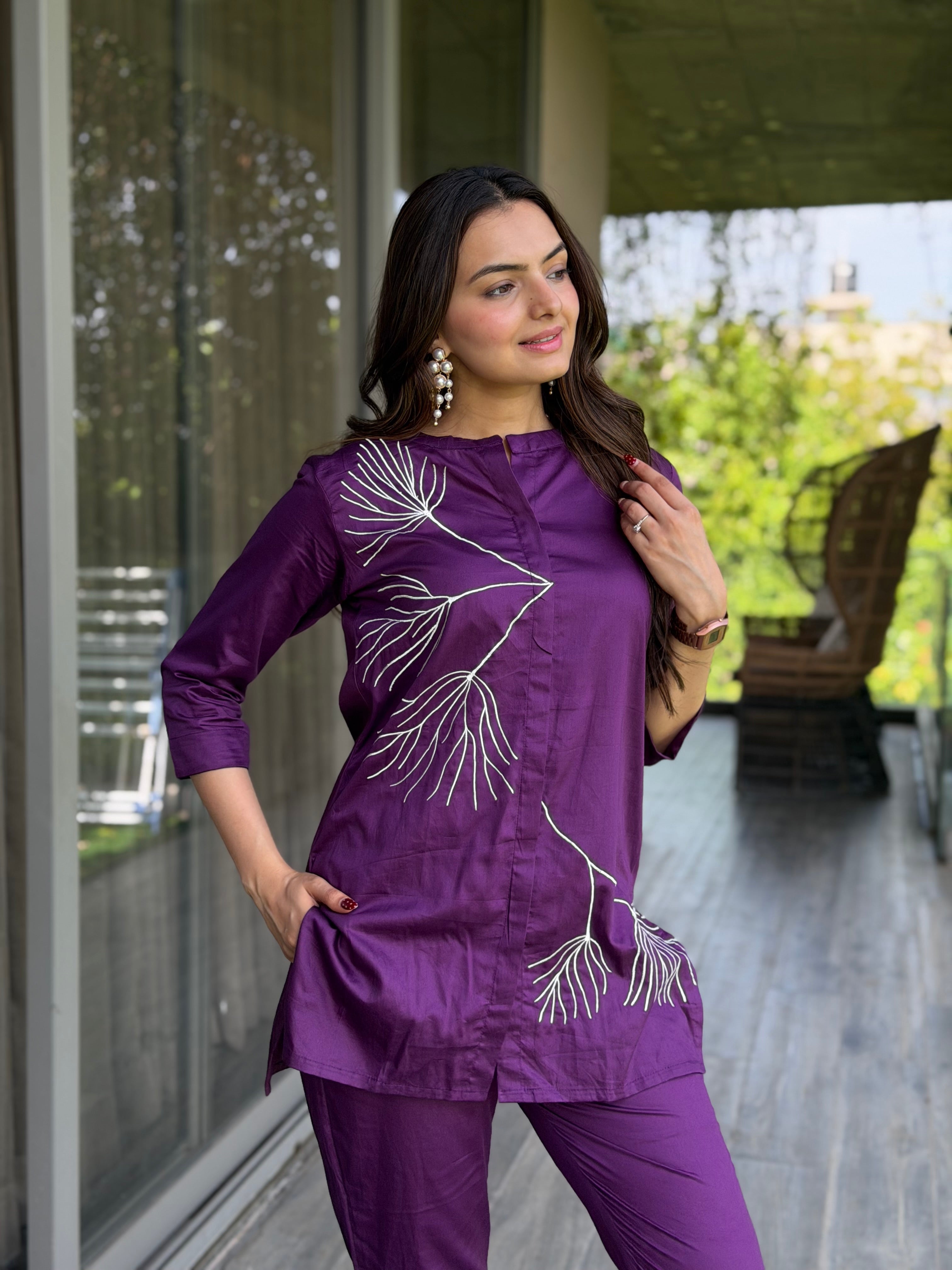 Amethyst Purple Thread Work Giza Silk Coord Set