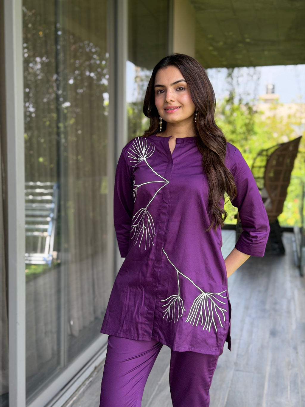 Amethyst Purple Thread Work Giza Silk Coord Set