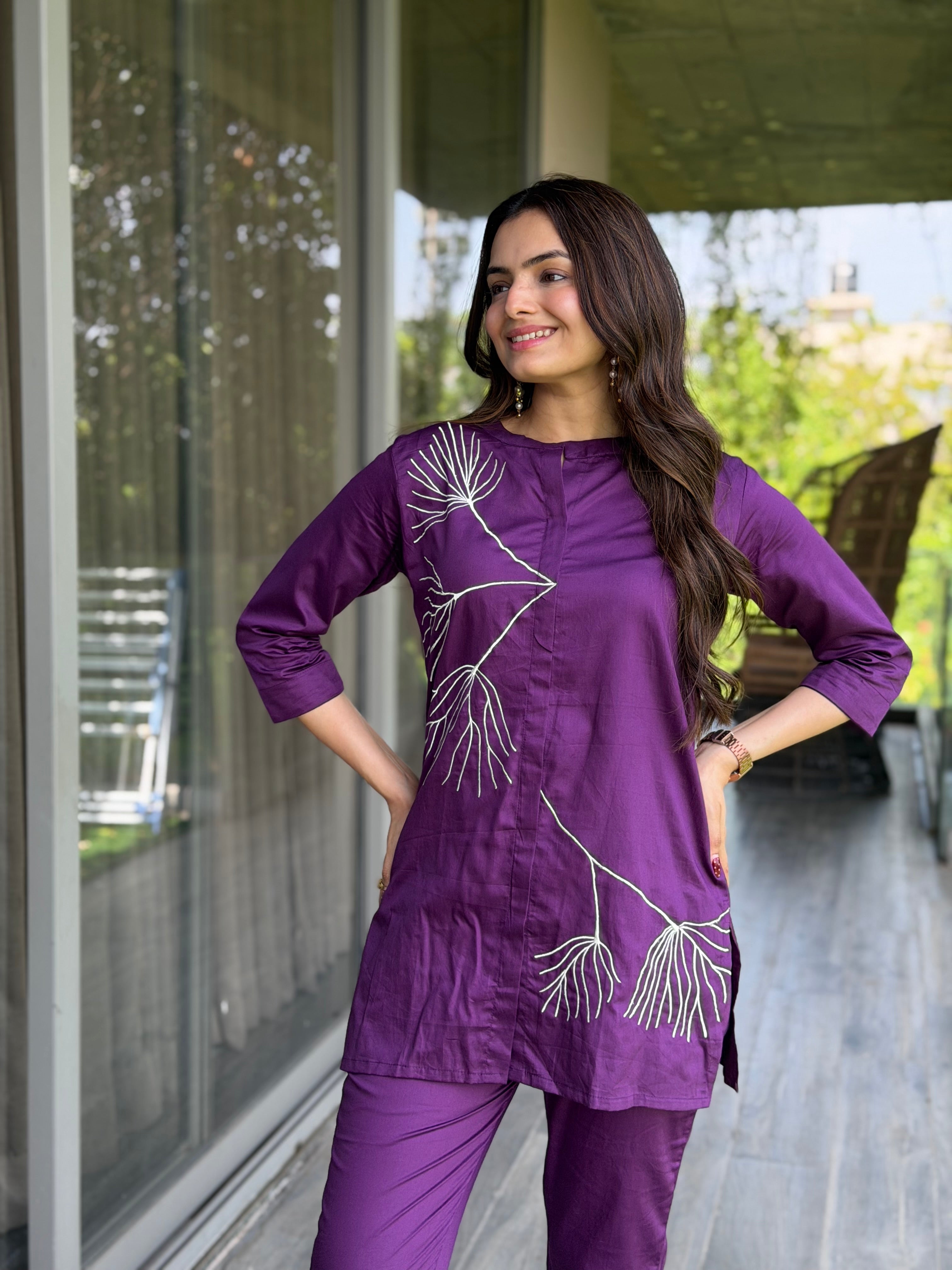Amethyst Purple Thread Work Giza Silk Coord Set
