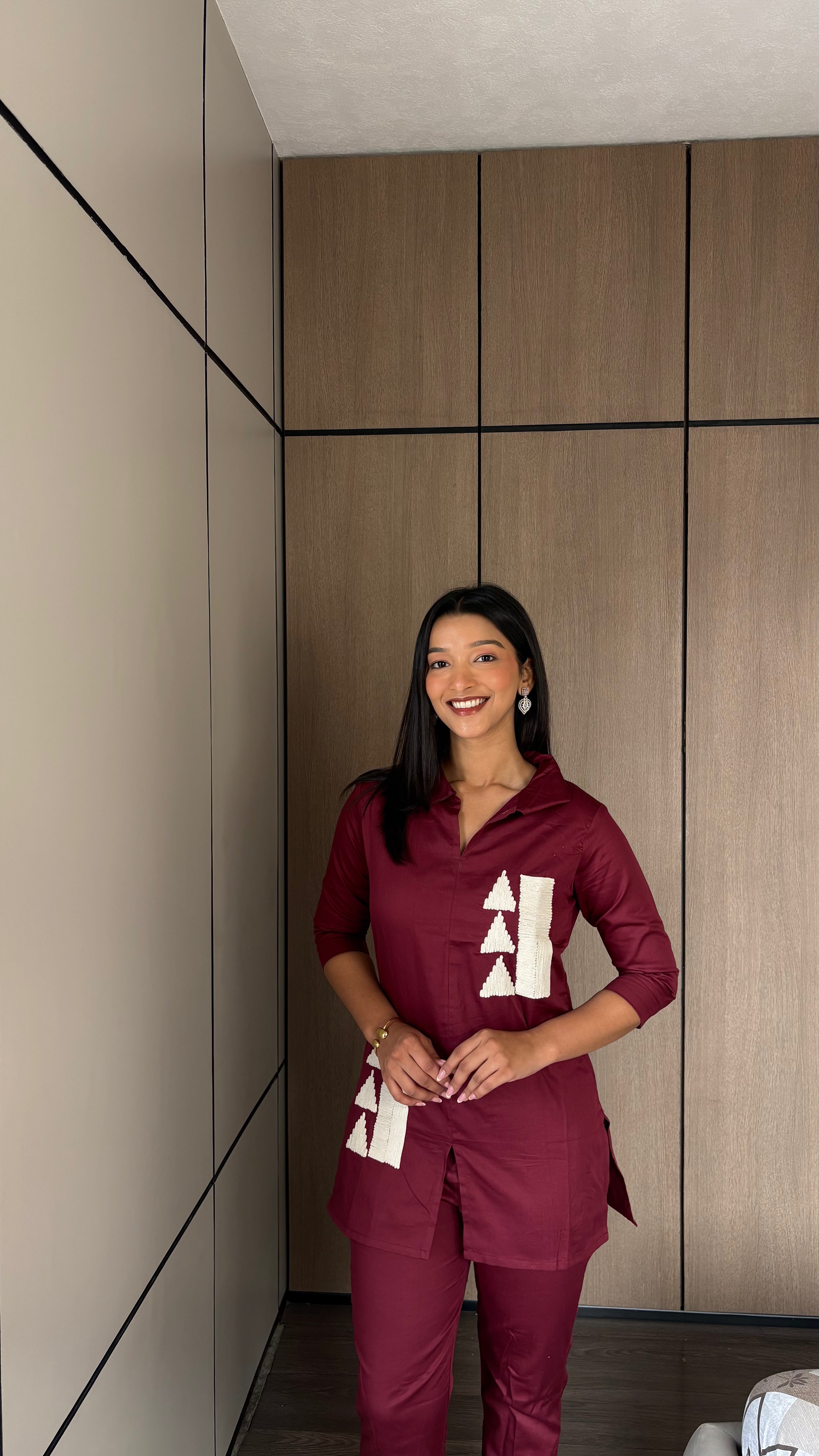 Maroon Whimsy Thread Work Giza Silk Coord Set