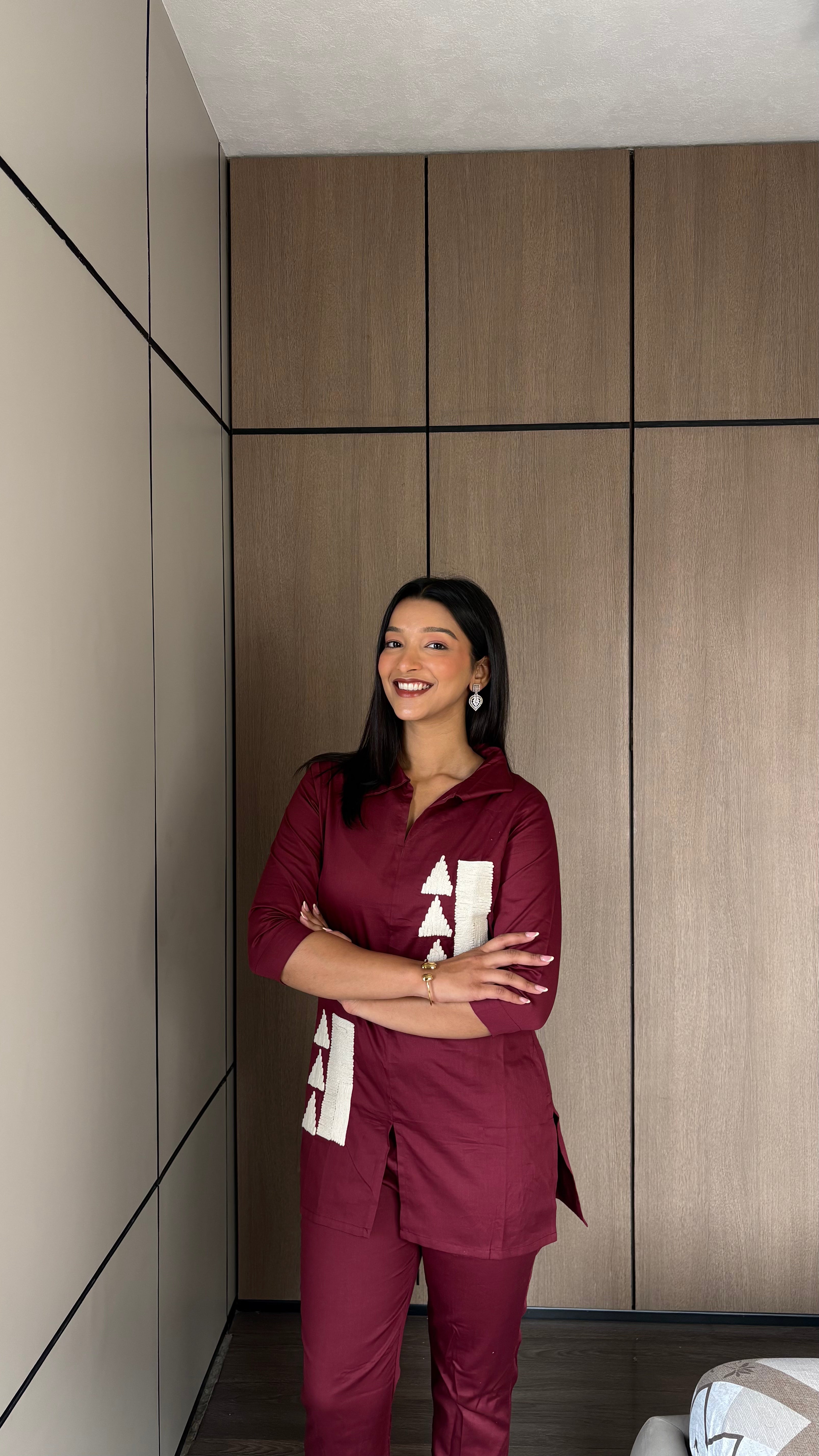Maroon Whimsy Thread Work Giza Silk Coord Set