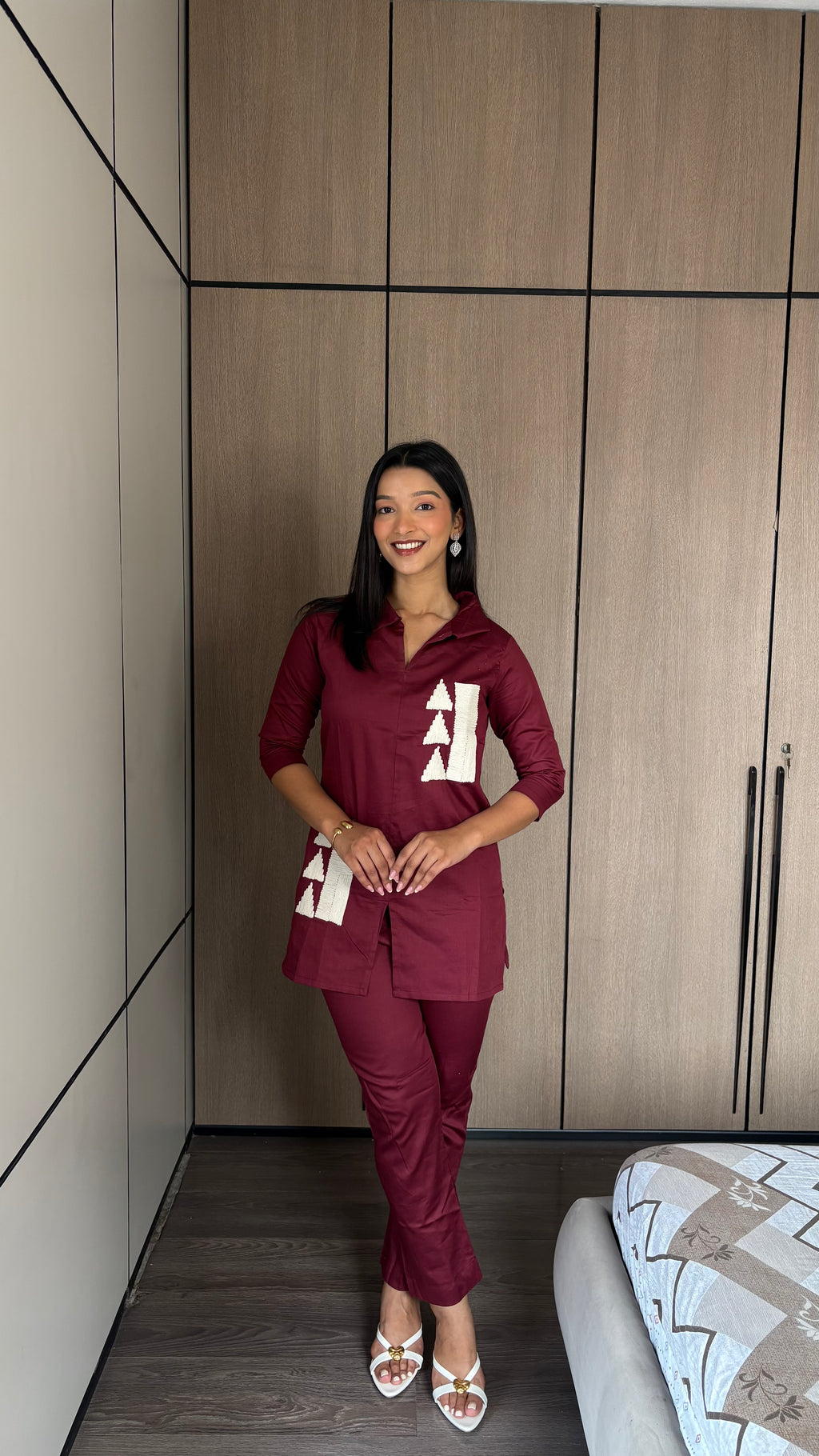 Maroon Whimsy Thread Work Giza Silk Coord Set
