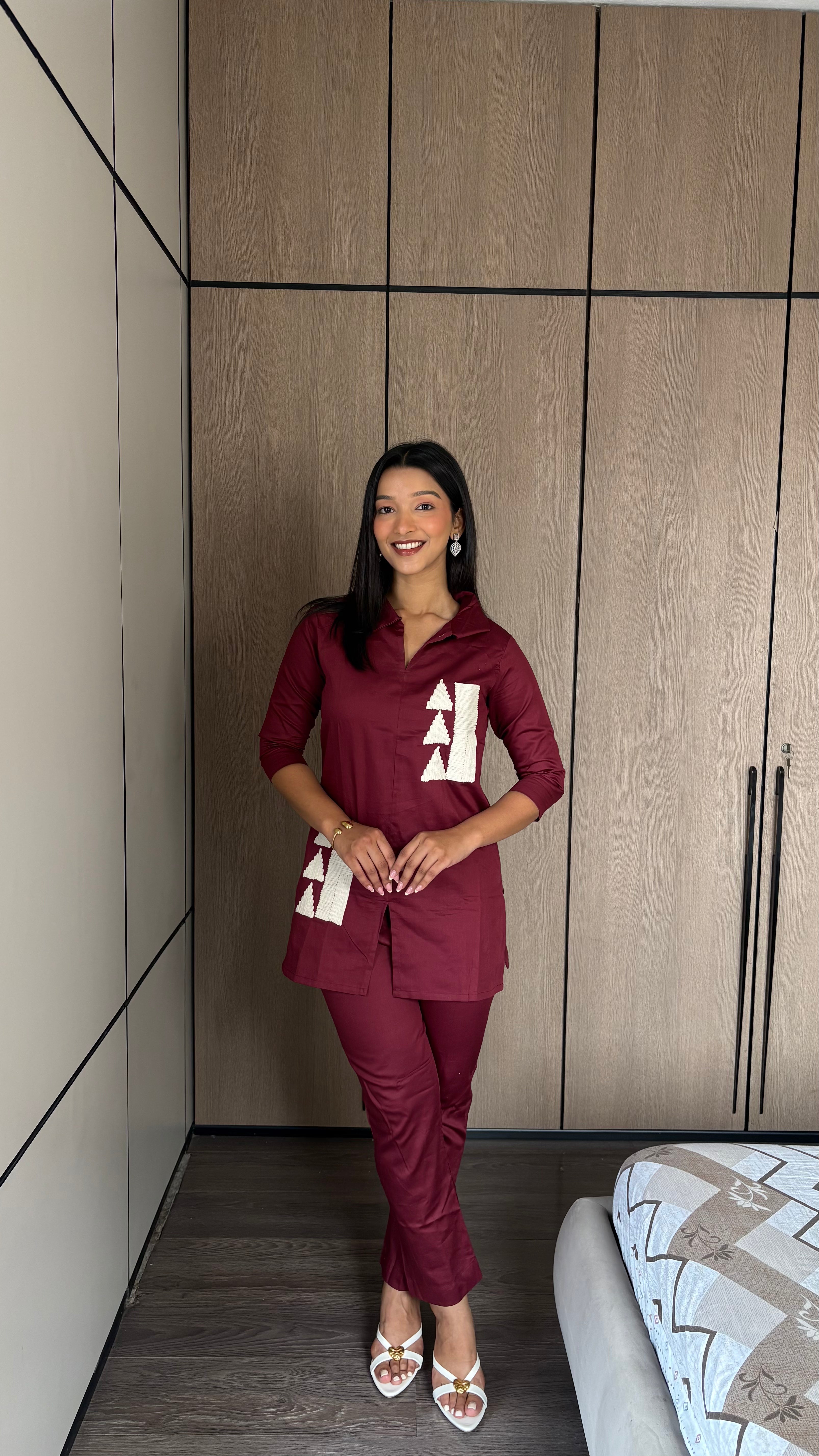 Maroon Whimsy Thread Work Giza Silk Coord Set