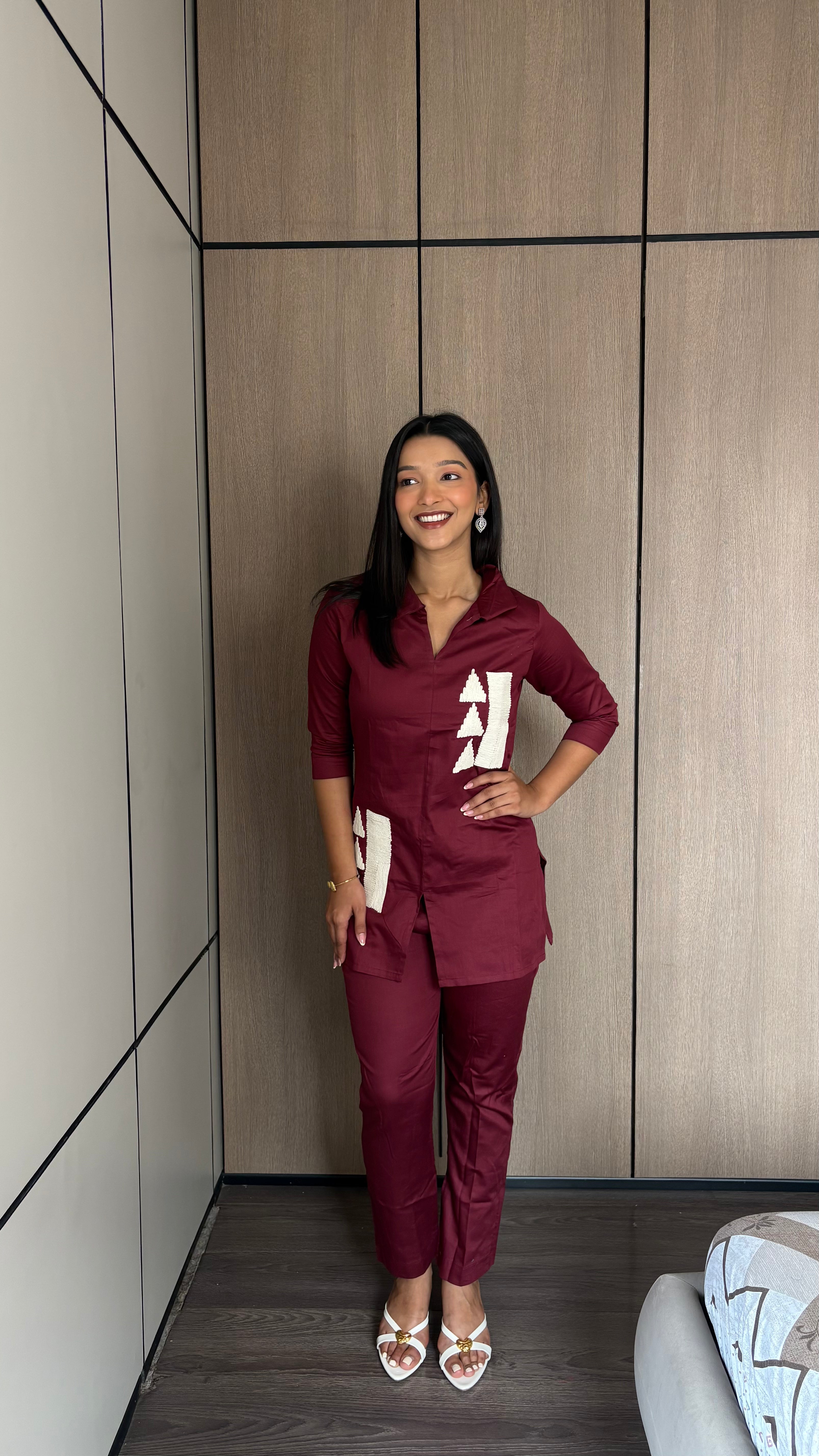 Maroon Whimsy Thread Work Giza Silk Coord Set