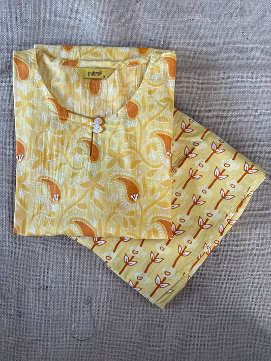 Yellow Keri Print Cotton Kurti Pant Set for Ladies- Savistudio