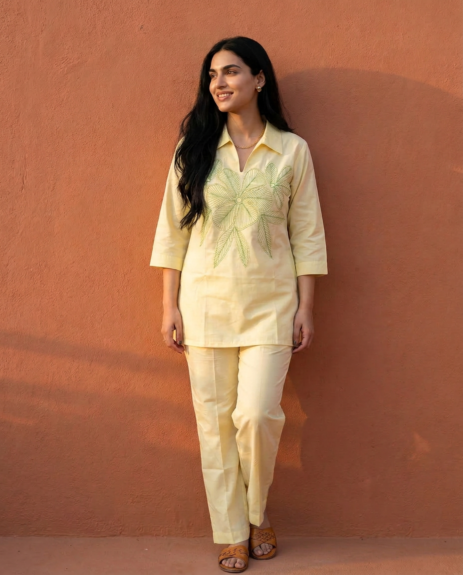 Elegant Lemon Floral Applique Cotton Oxford Coord Set