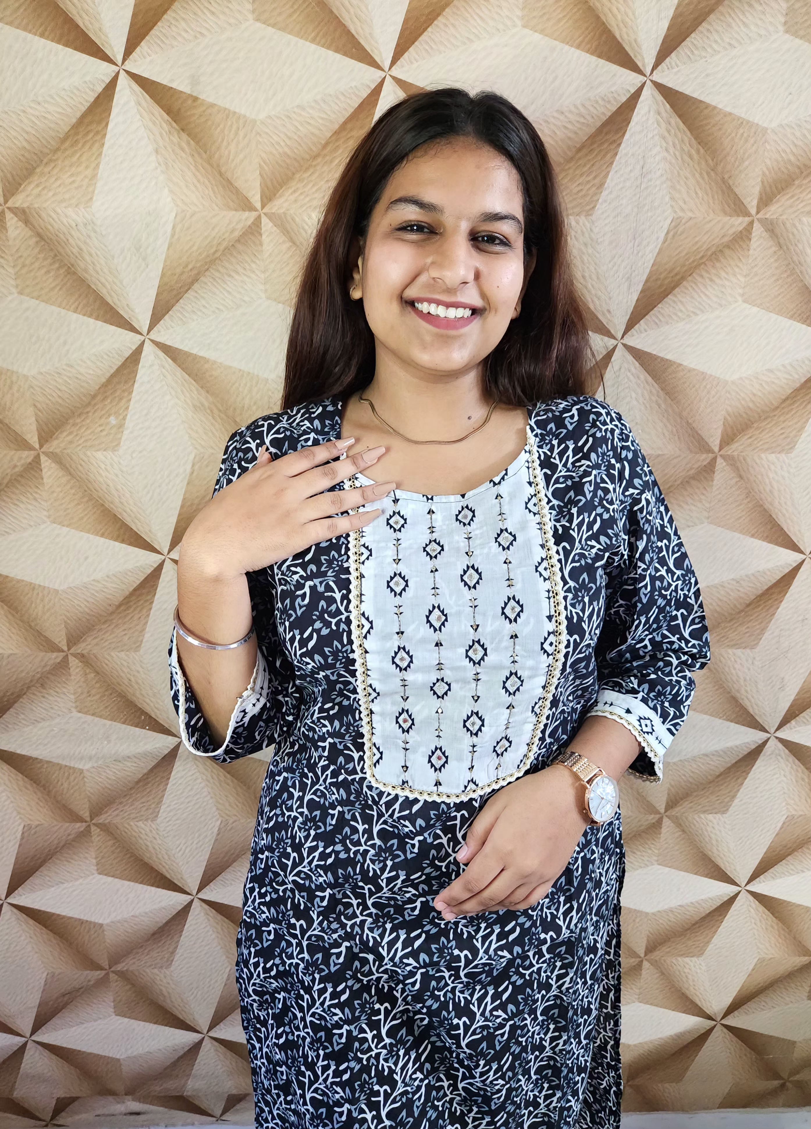 Deep Navy Blue and White Printed Kurti Pant Set