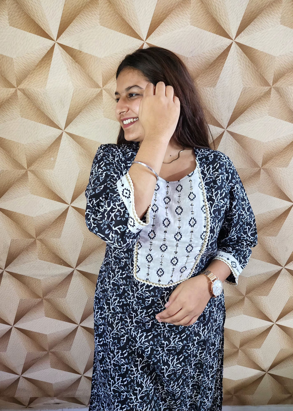 Deep Navy Blue and White Printed Kurti Pant Set