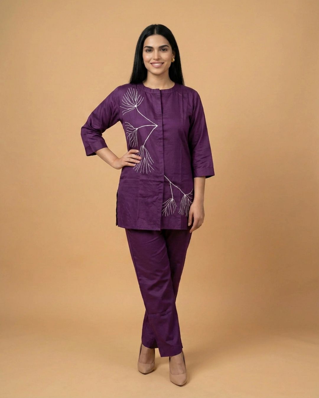 Amethyst Purple Thread Work Giza Silk Coord Set