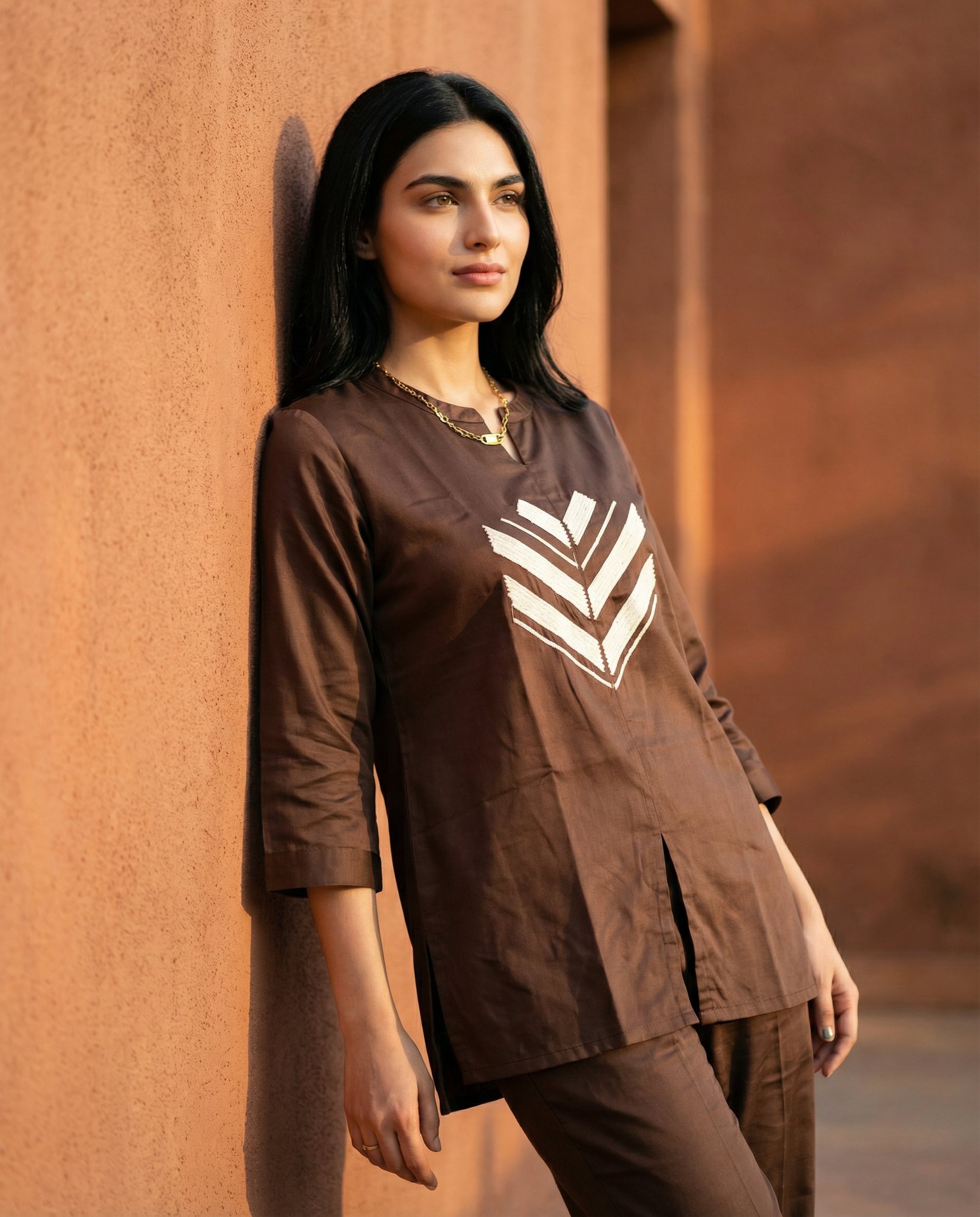 Cocoa Brown Embroidered Giza Silk Coord Set