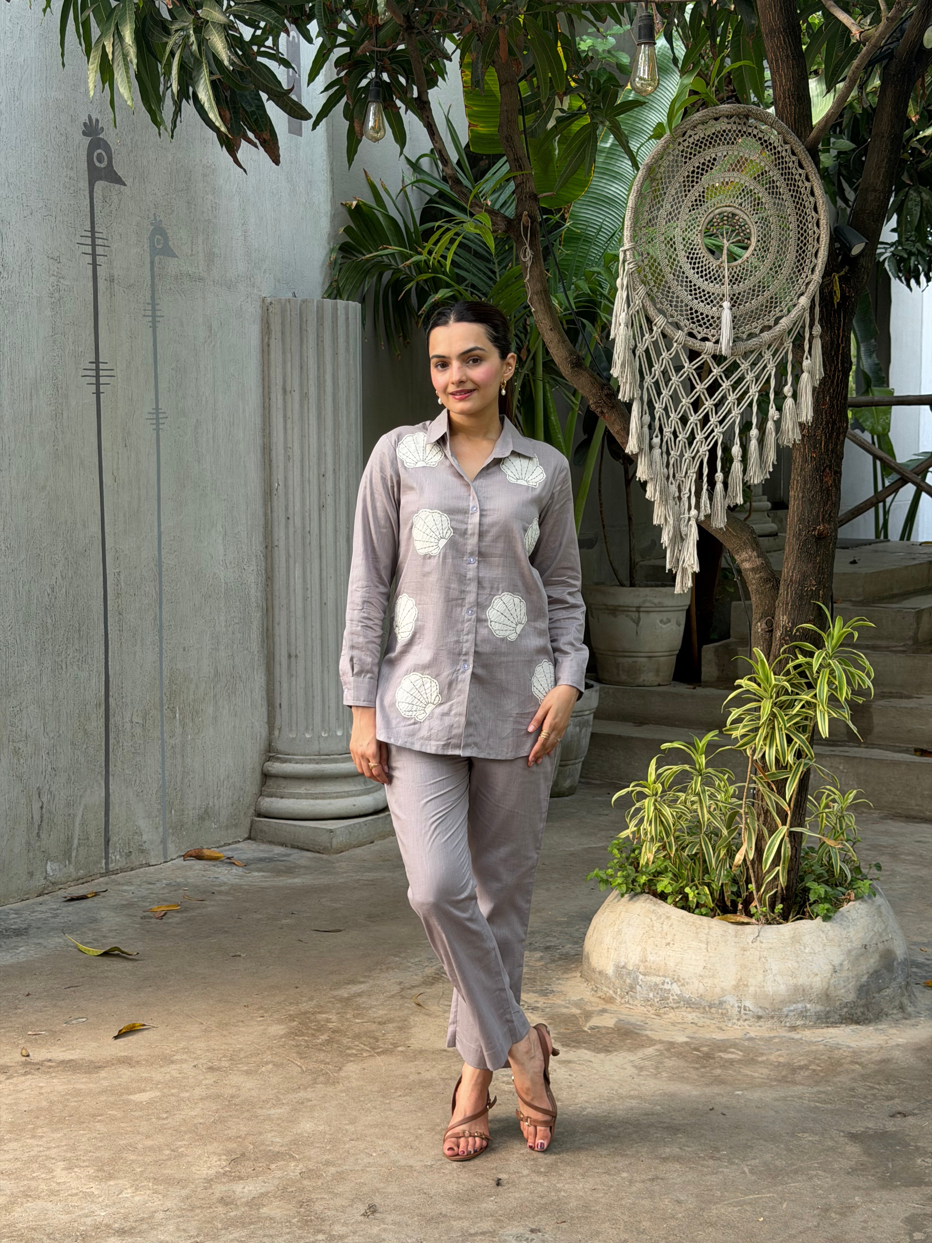 Mushroom Grey Floral Applique Pure Linen Coord Set