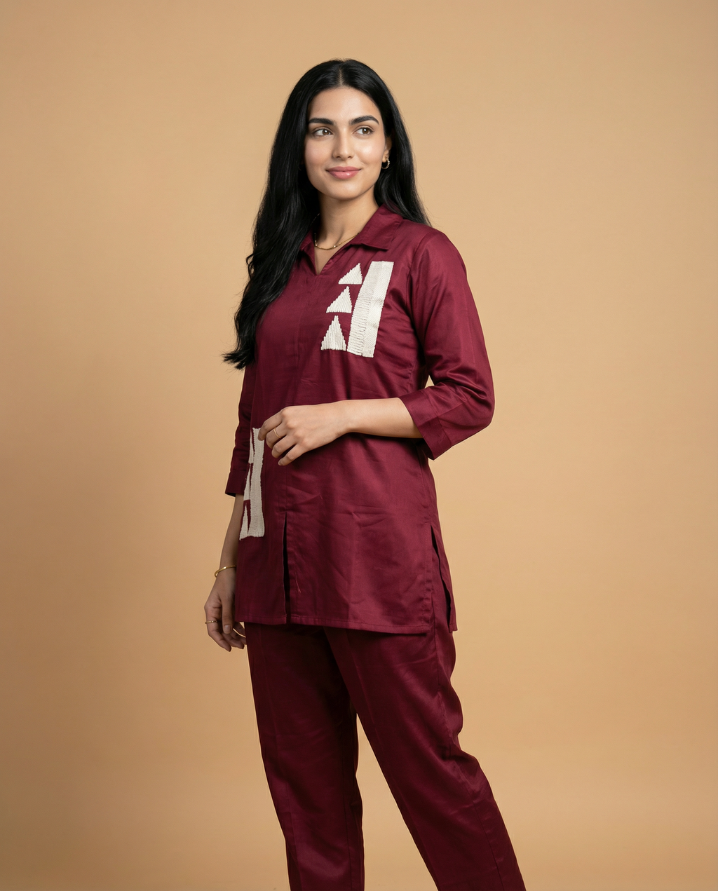 Maroon Whimsy Thread Work Giza Silk Coord Set