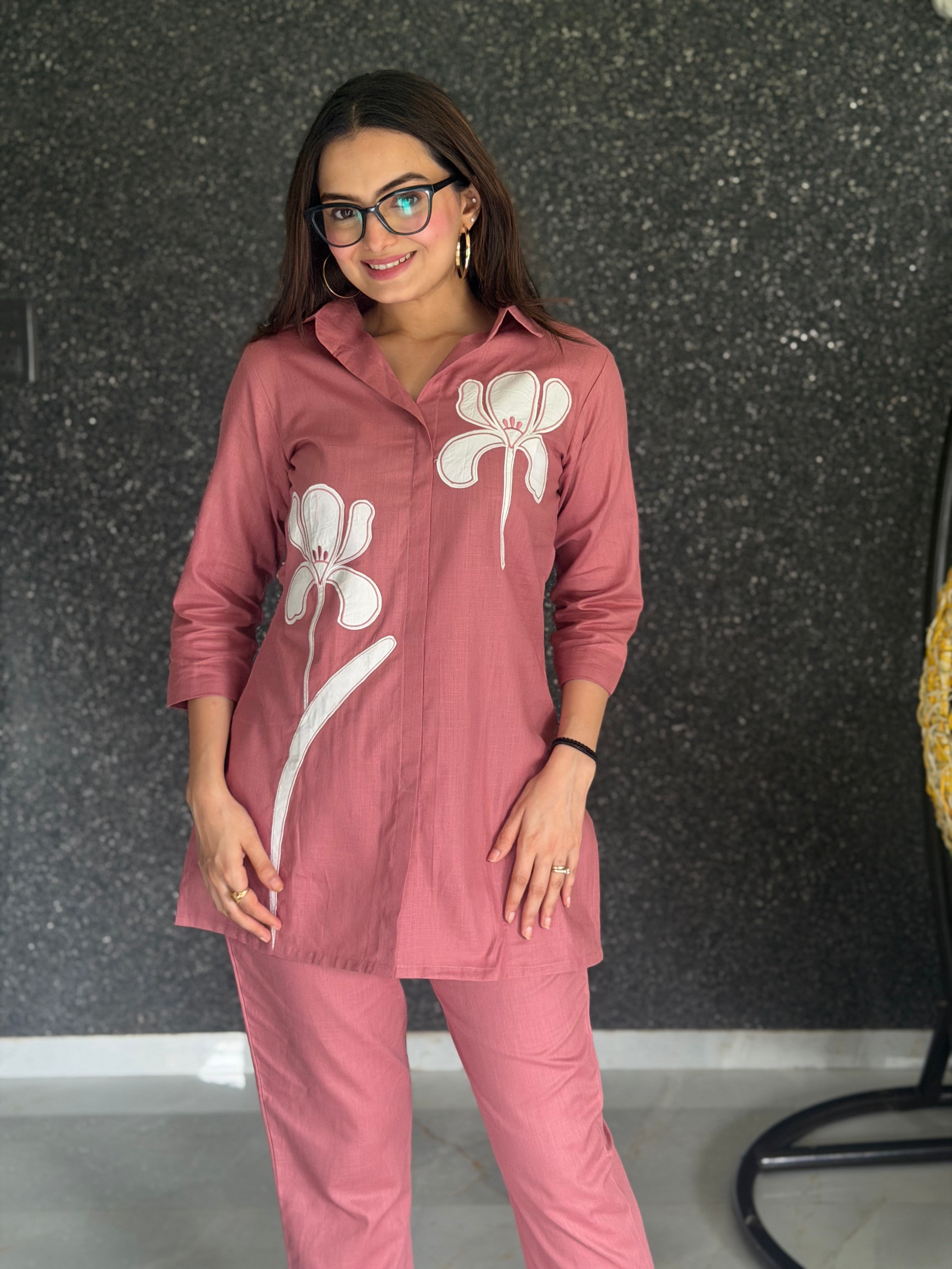 Terracotta Blush Pure Linen Orchid Applique Coord Set