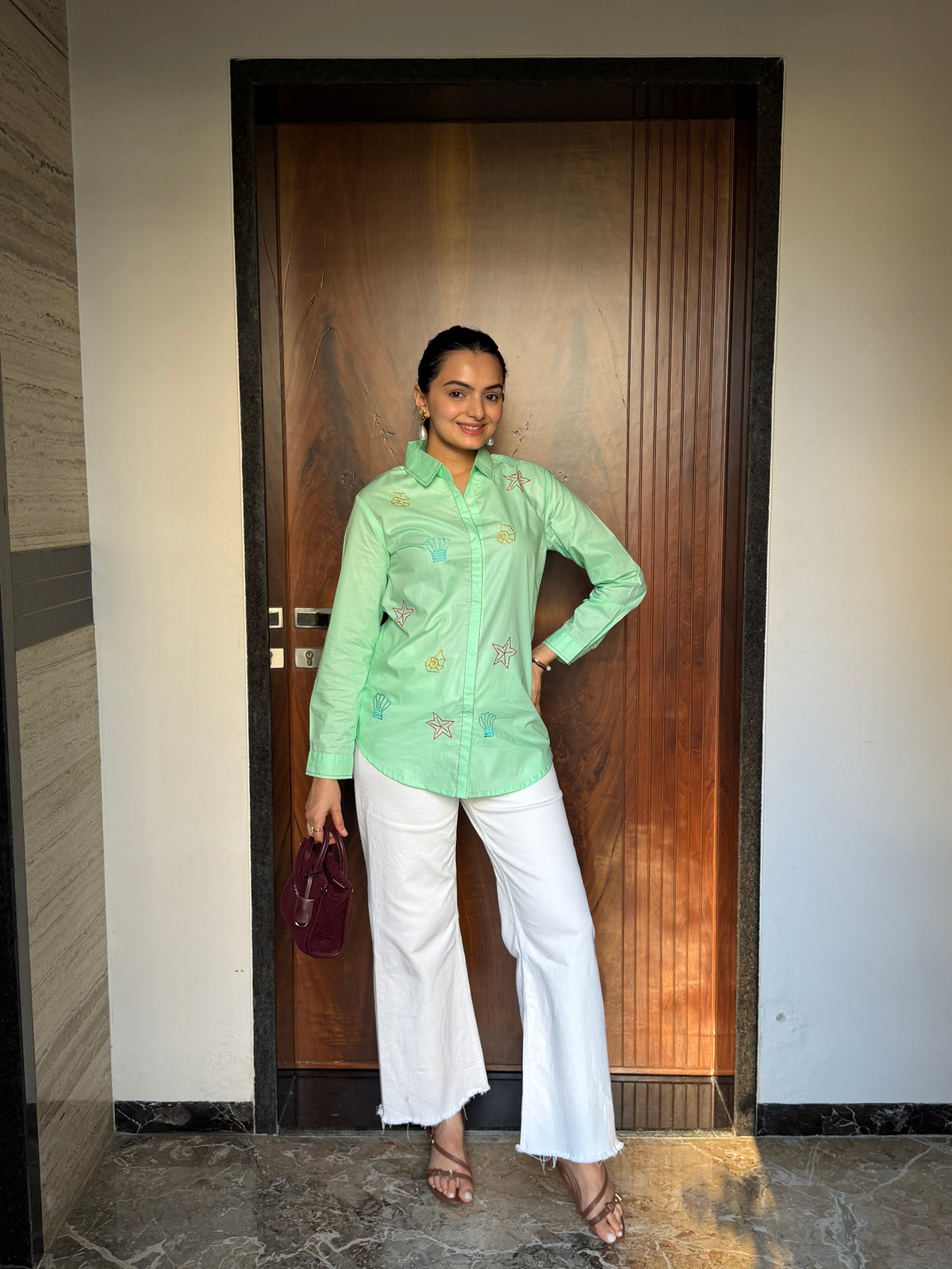 Pistachio Marine Life Embroidered Rich Poplin Shirt