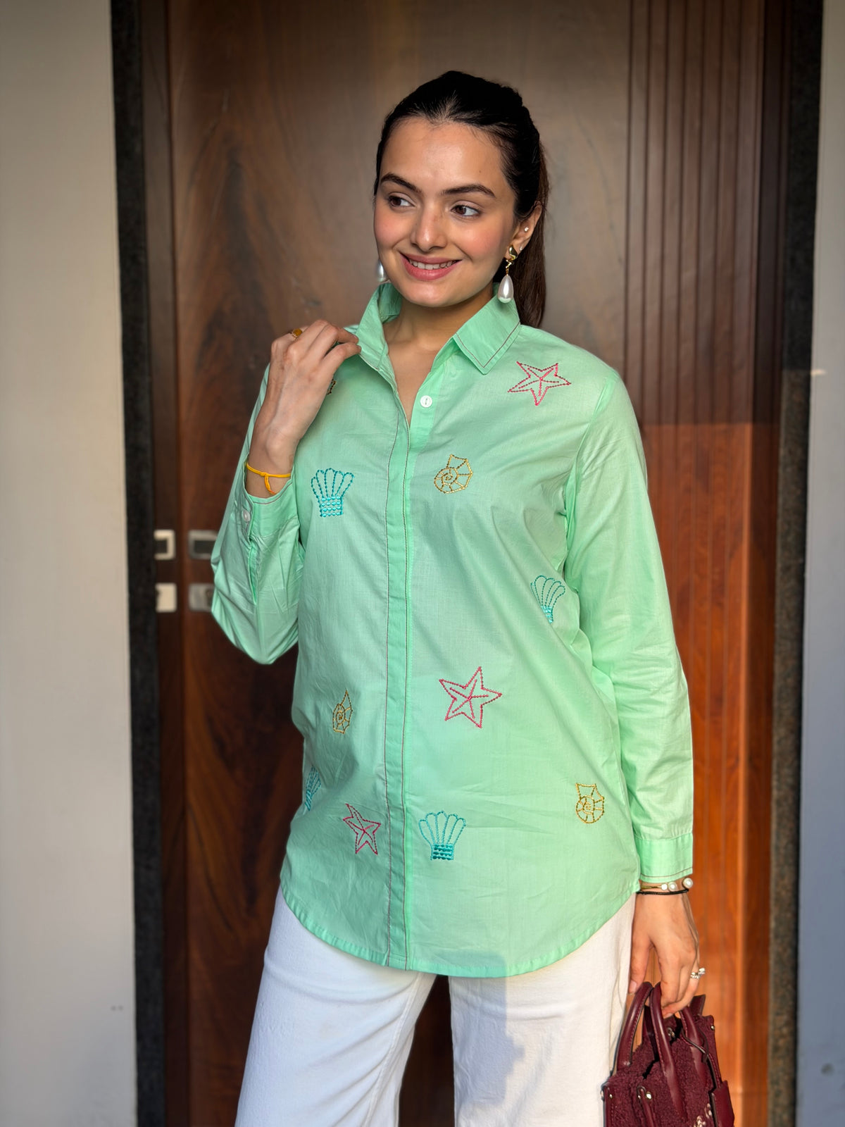Pistachio Marine Life Embroidered Rich Poplin Shirt