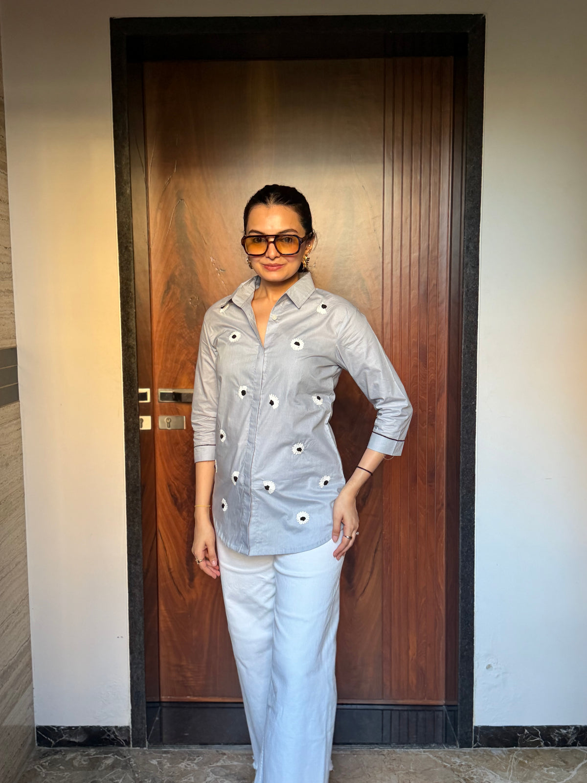 Silver Mist Floral Embroidered Premium Rich Poplin Shirt