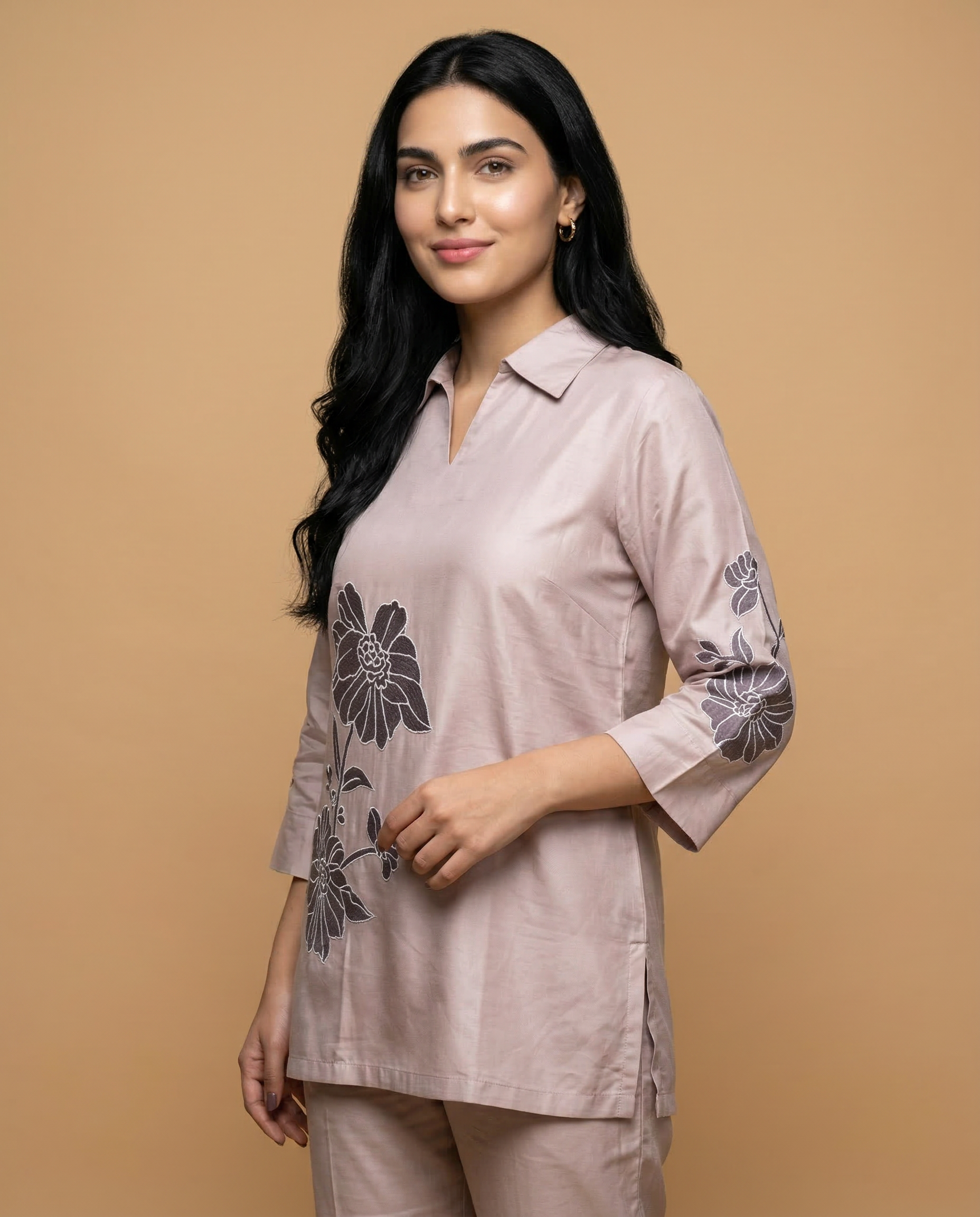 Solid Beige Applique Cotton Oxford Coord Set