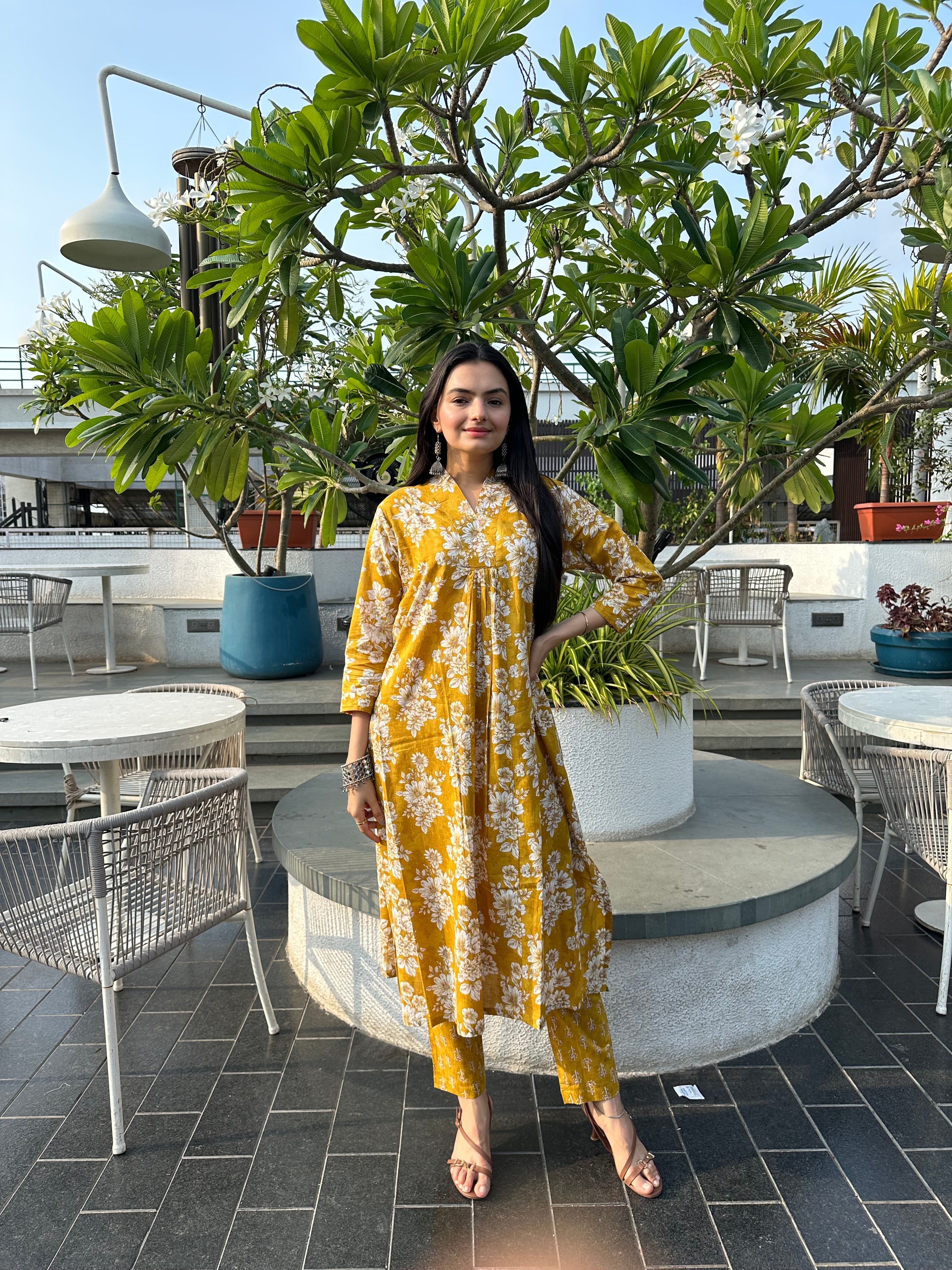 Sunbeam Petals Mustard Floral Print A-Line Kurti Pant Set