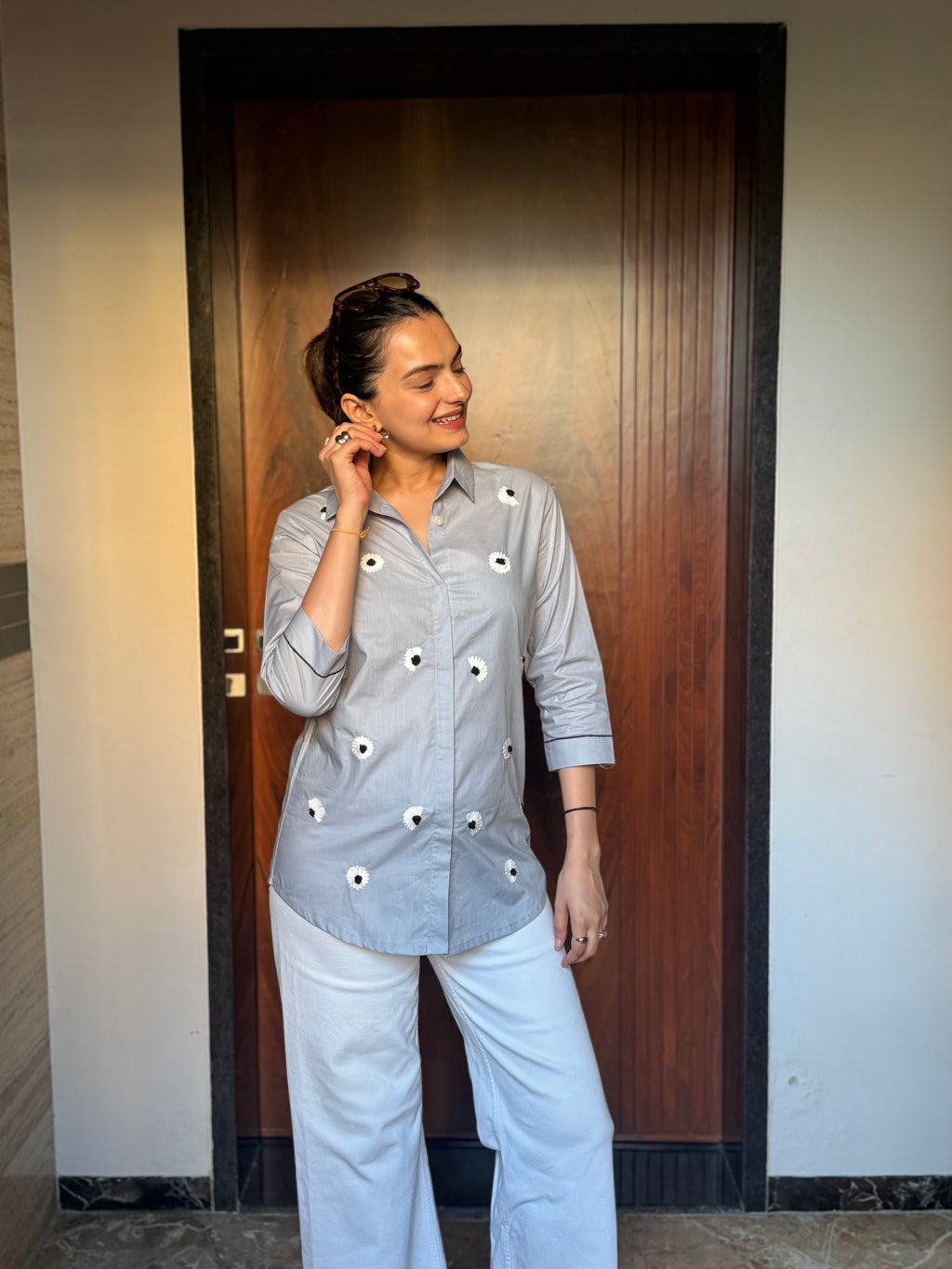 Silver Mist Floral Embroidered Premium Rich Poplin Shirt