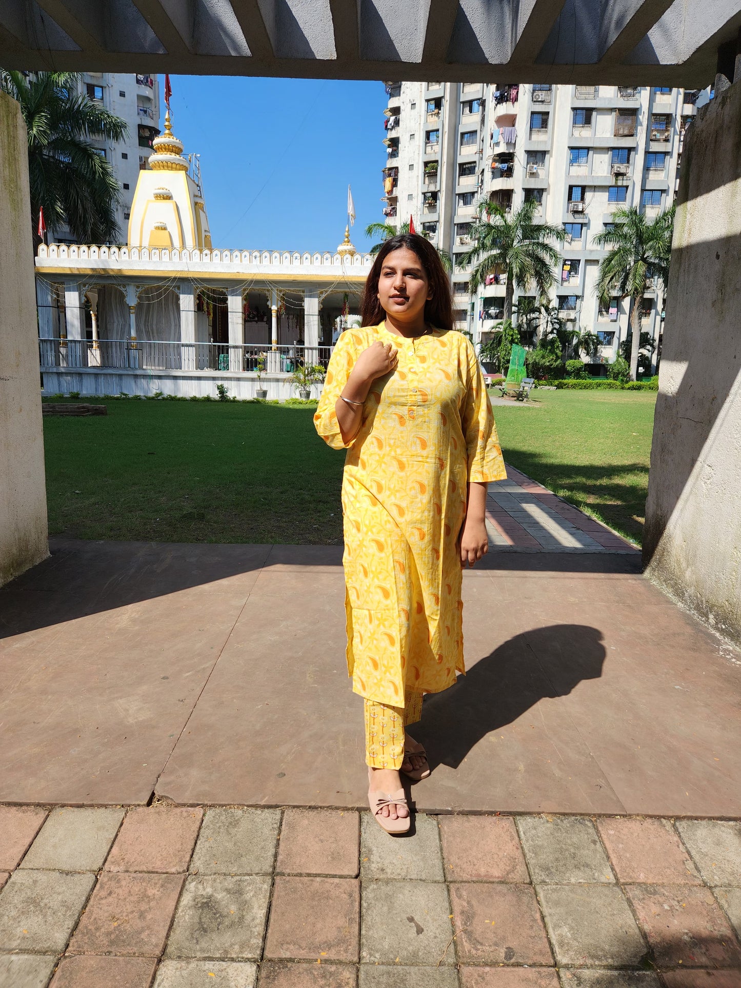 Yellow Keri Print Cotton Kurti Pant Set