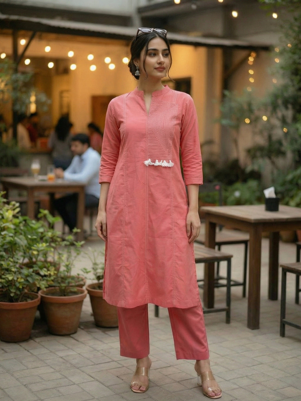 Flamingo Pink Embroidered Cotton Co-ord Set