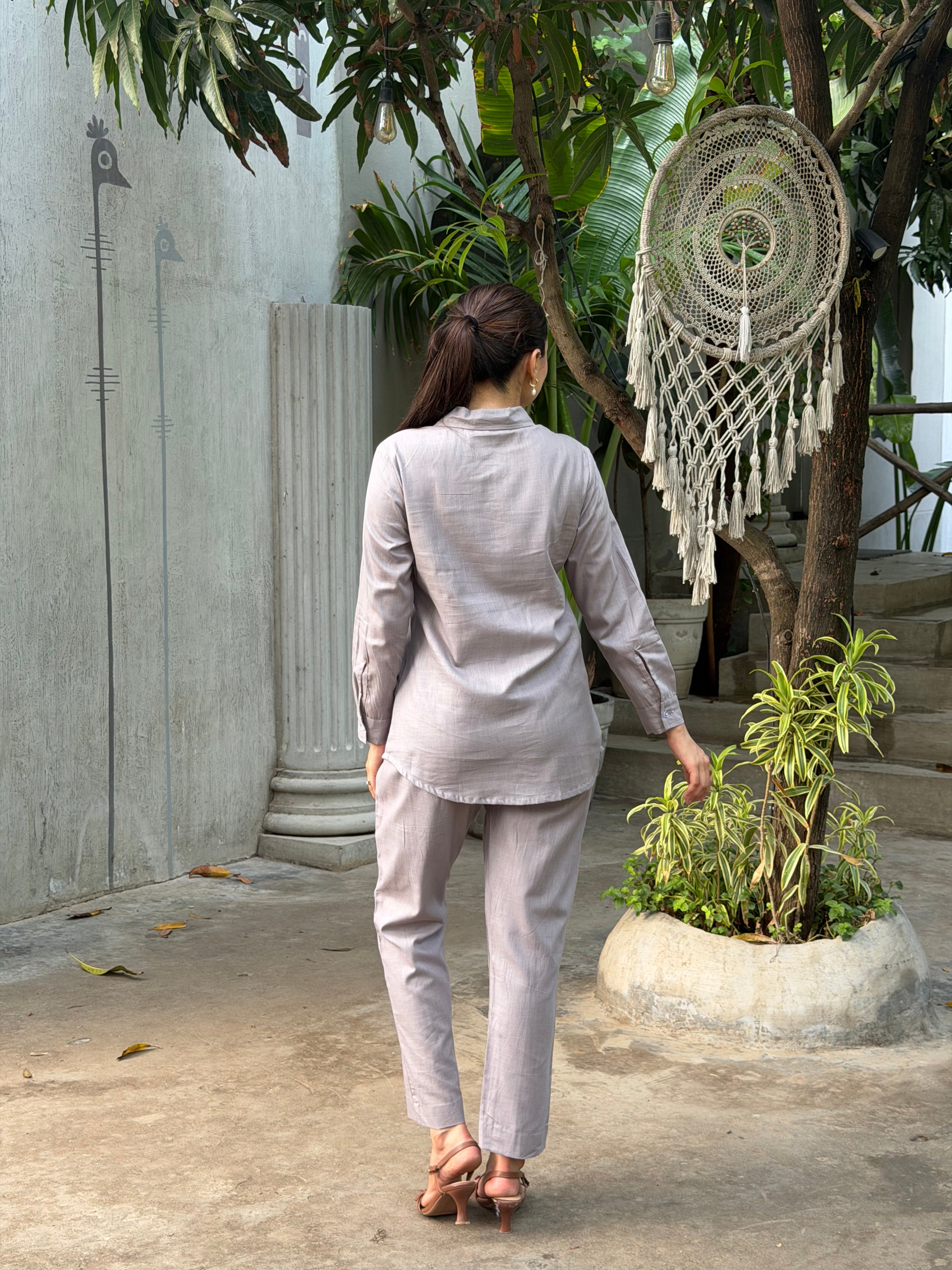 Mushroom Grey Floral Applique Pure Linen Coord Set