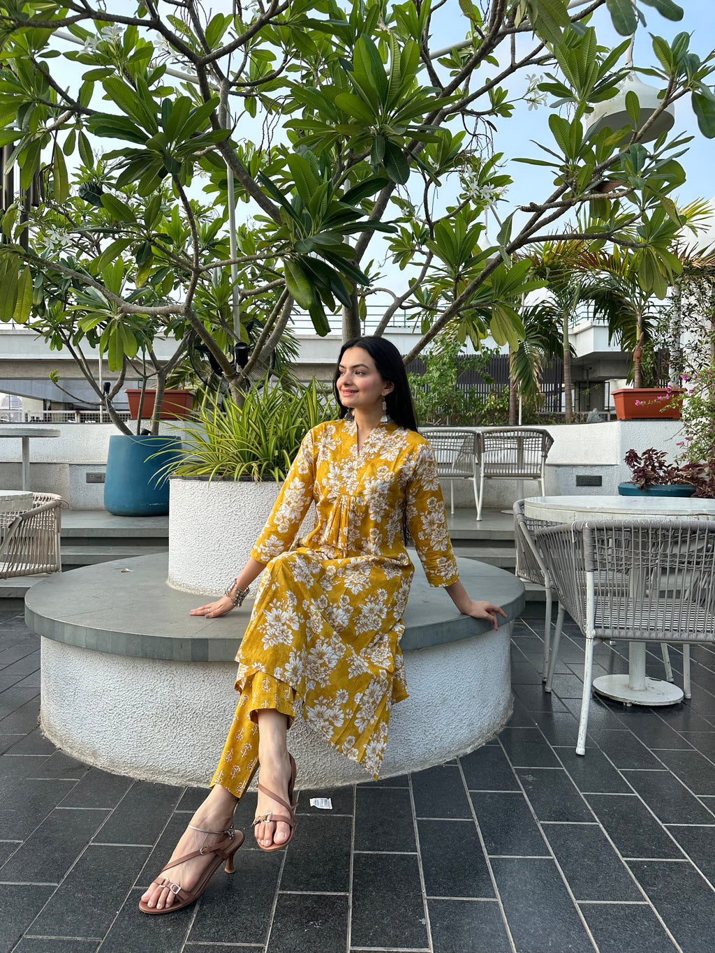 Sunbeam Petals Mustard Floral Print A-Line Kurti Pant Set