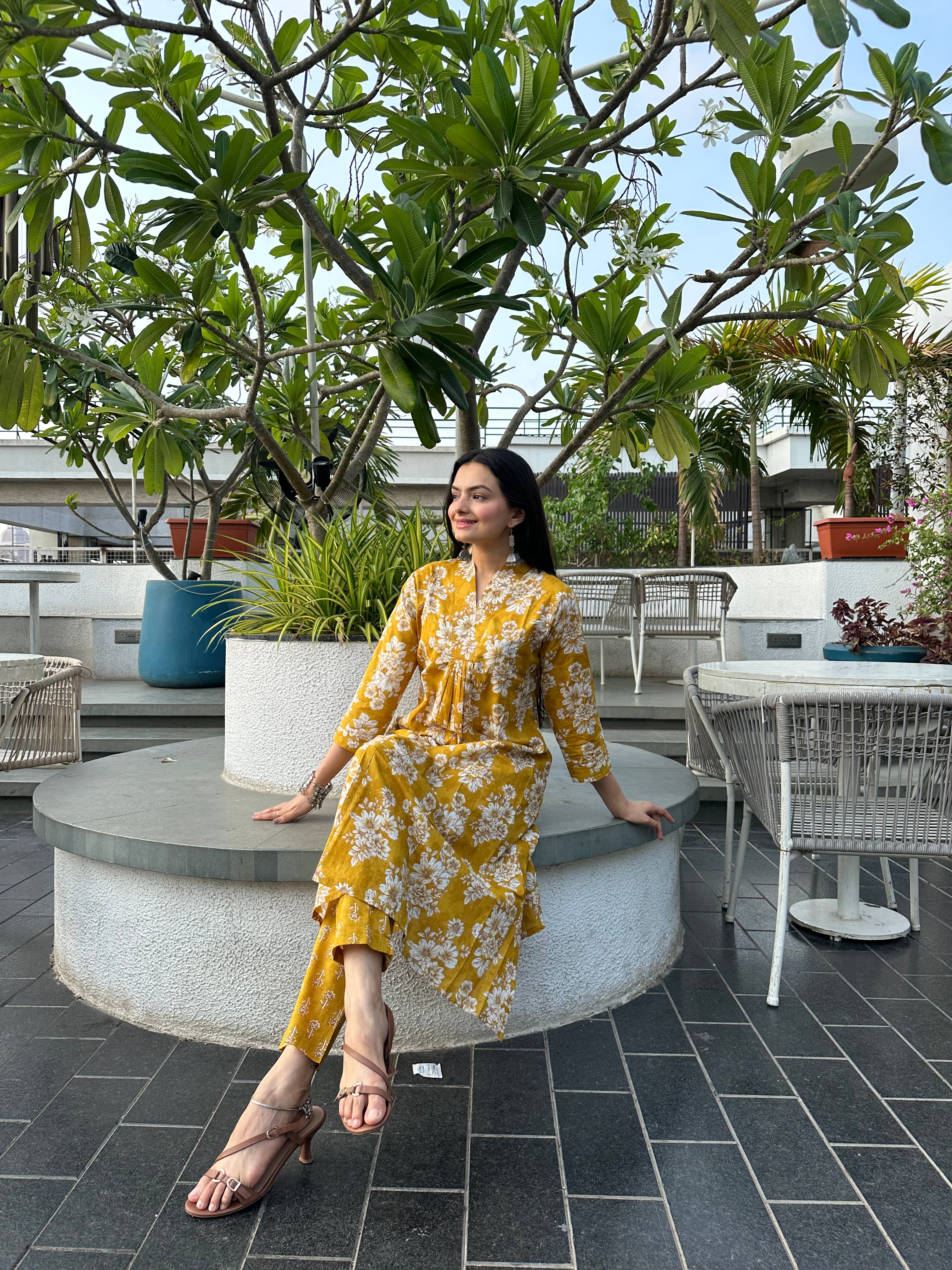 Sunbeam Petals Mustard Floral Print A-Line Kurti Pant Set