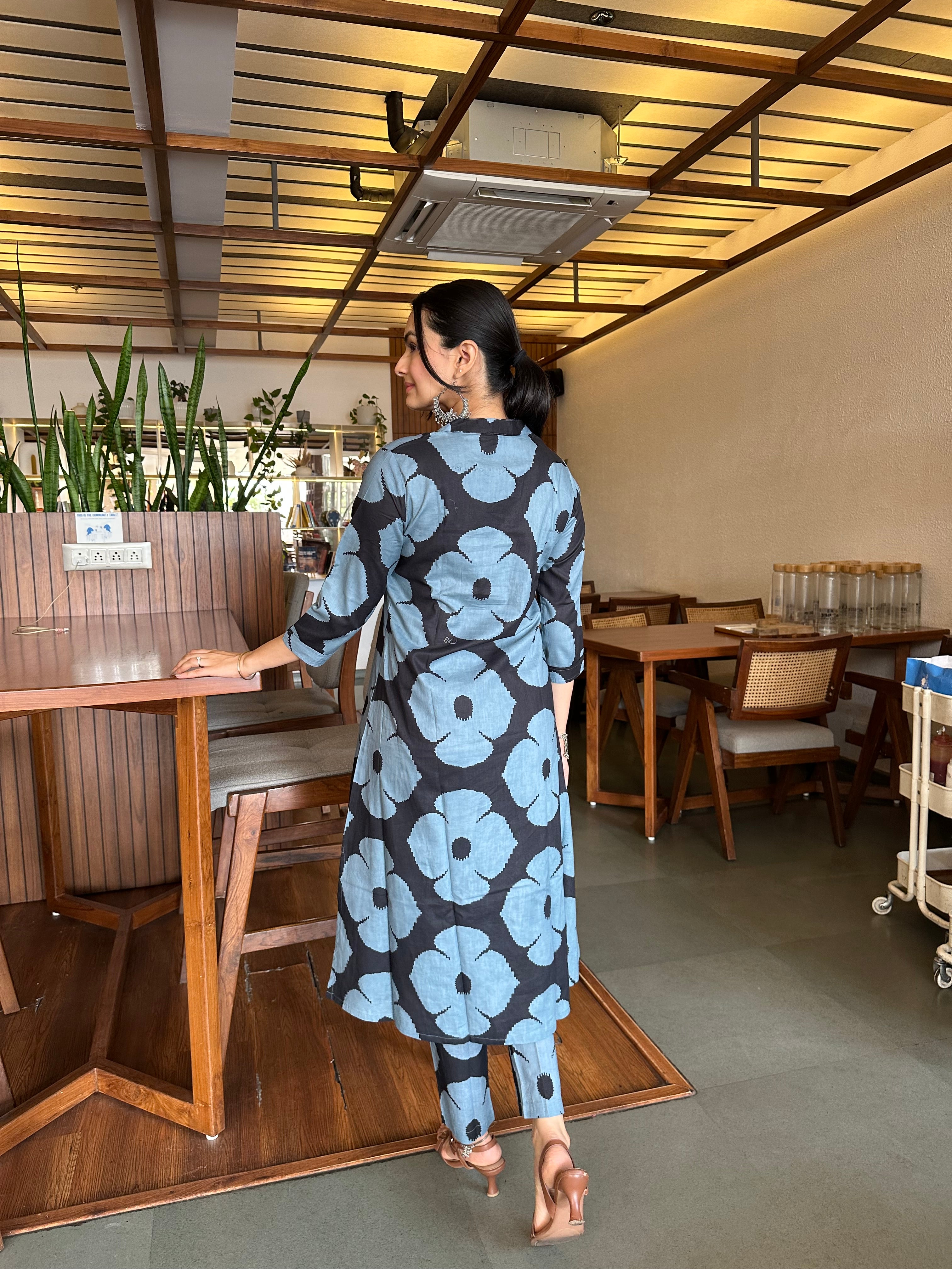 Dramatic Duality Black Hand Block Print A-Line Kurti Pant Set