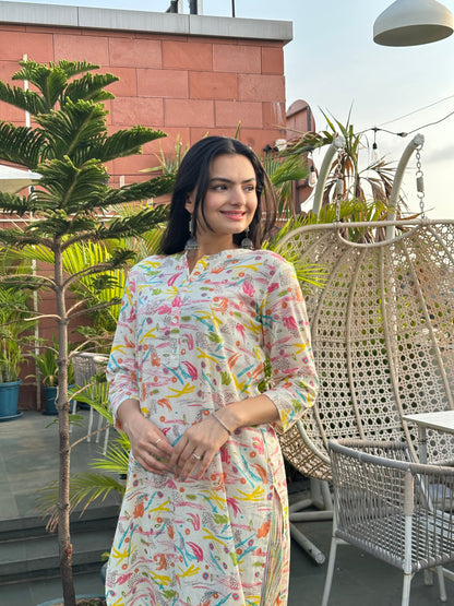 Cream Brush Print kurti pant set