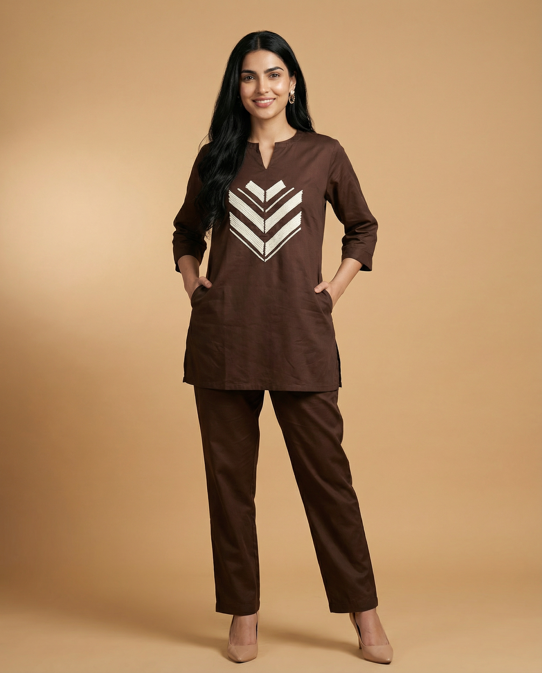 Cocoa Brown Embroidered Giza Silk Coord Set