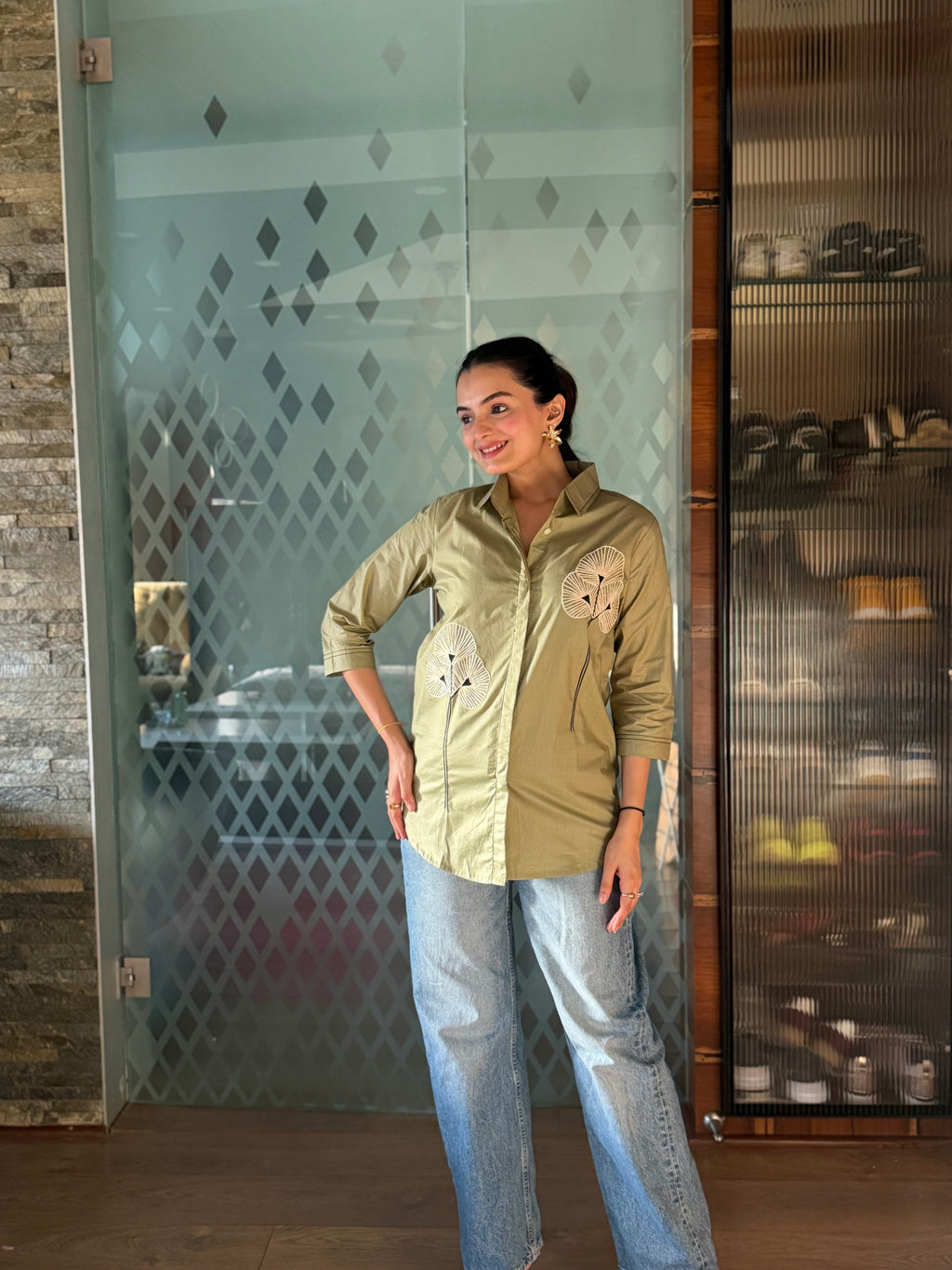 Olive Green Floral Embroidered Rich Poplin Shirt